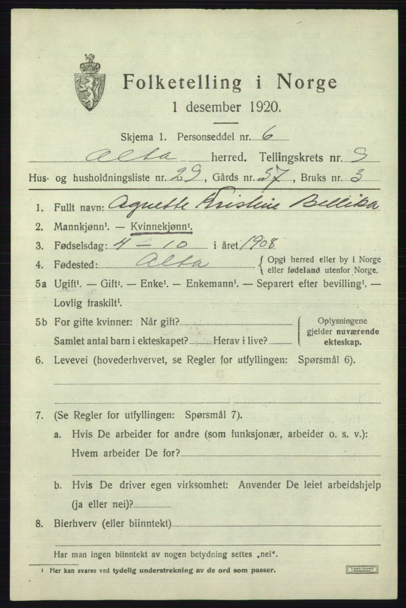 SATØ, Folketelling 1920 for 2012 Alta herred, 1920, s. 6847