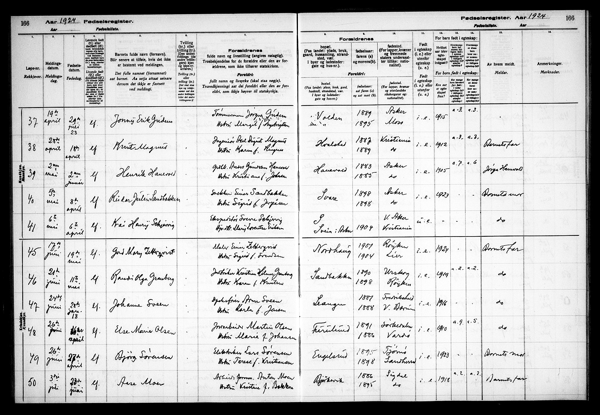 Asker prestekontor Kirkebøker, AV/SAO-A-10256a/J/L0001: Fødselsregister nr. 1, 1916-1925, s. 166