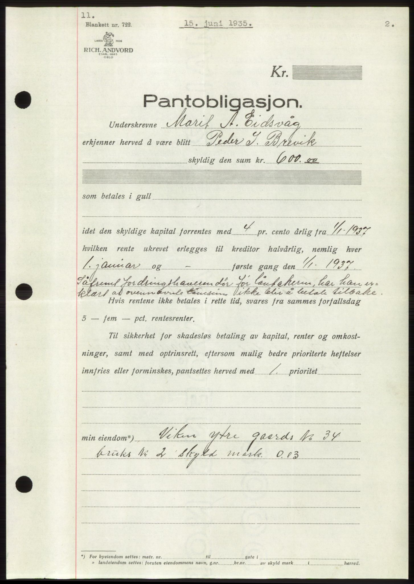 Romsdal sorenskriveri, AV/SAT-A-4149/1/2/2C/L0067: Pantebok nr. 61, 1935-1935, Tingl.dato: 15.06.1935