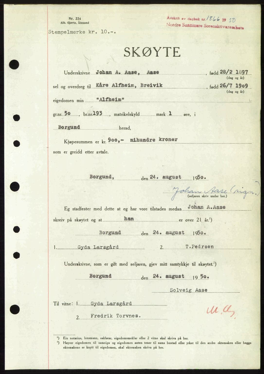 Nordre Sunnmøre sorenskriveri, SAT/A-0006/1/2/2C/2Ca: Pantebok nr. A35, 1950-1950, Dagboknr: 1866/1950