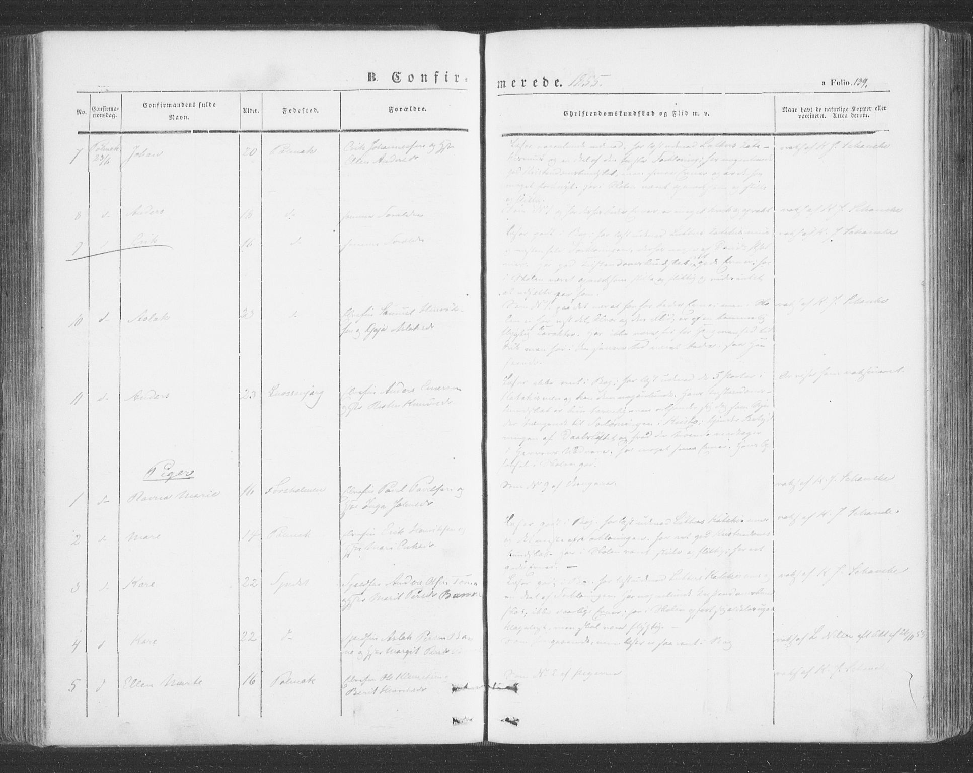 Tana sokneprestkontor, SATØ/S-1334/H/Ha/L0001kirke: Ministerialbok nr. 1, 1846-1861, s. 139