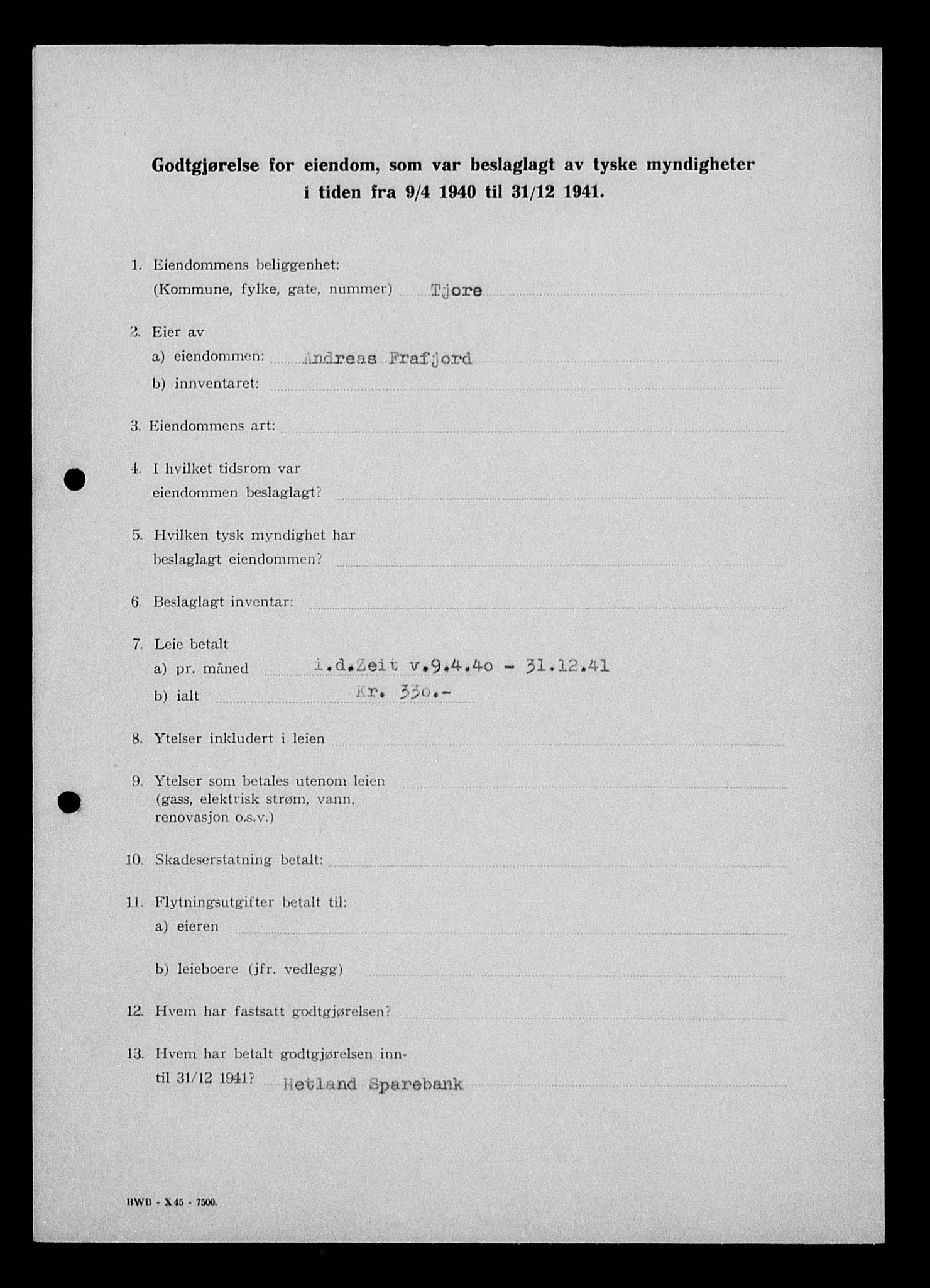 Justisdepartementet, Tilbakeføringskontoret for inndratte formuer, AV/RA-S-1564/I/L1014: Godtgjørelse for beslaglagt eiendom, 1940-1941, s. 257