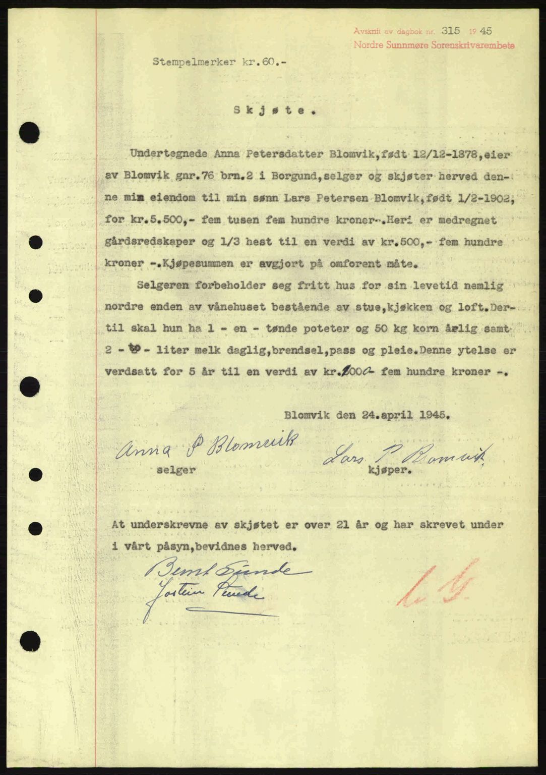 Nordre Sunnmøre sorenskriveri, SAT/A-0006/1/2/2C/2Ca: Pantebok nr. A19, 1944-1945, Dagboknr: 315/1945