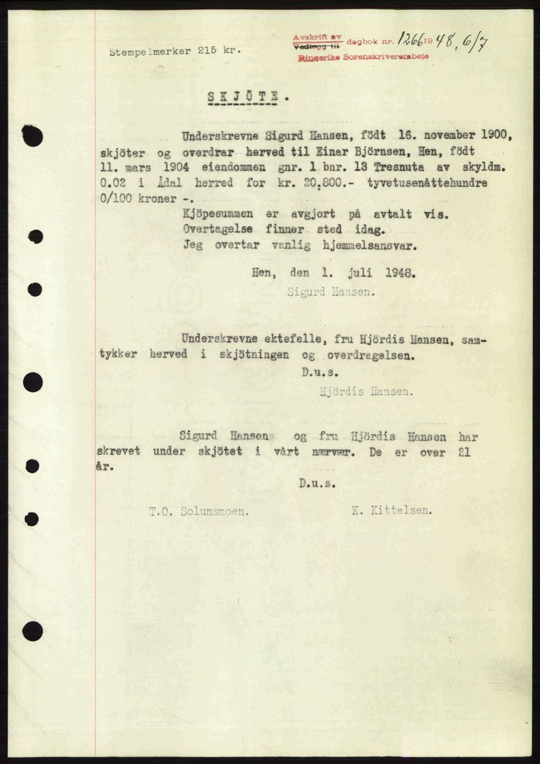 Ringerike sorenskriveri, SAKO/A-105/G/Ga/Gab/L0088: Pantebok nr. A-19, 1948-1948, Dagboknr: 1266/1948
