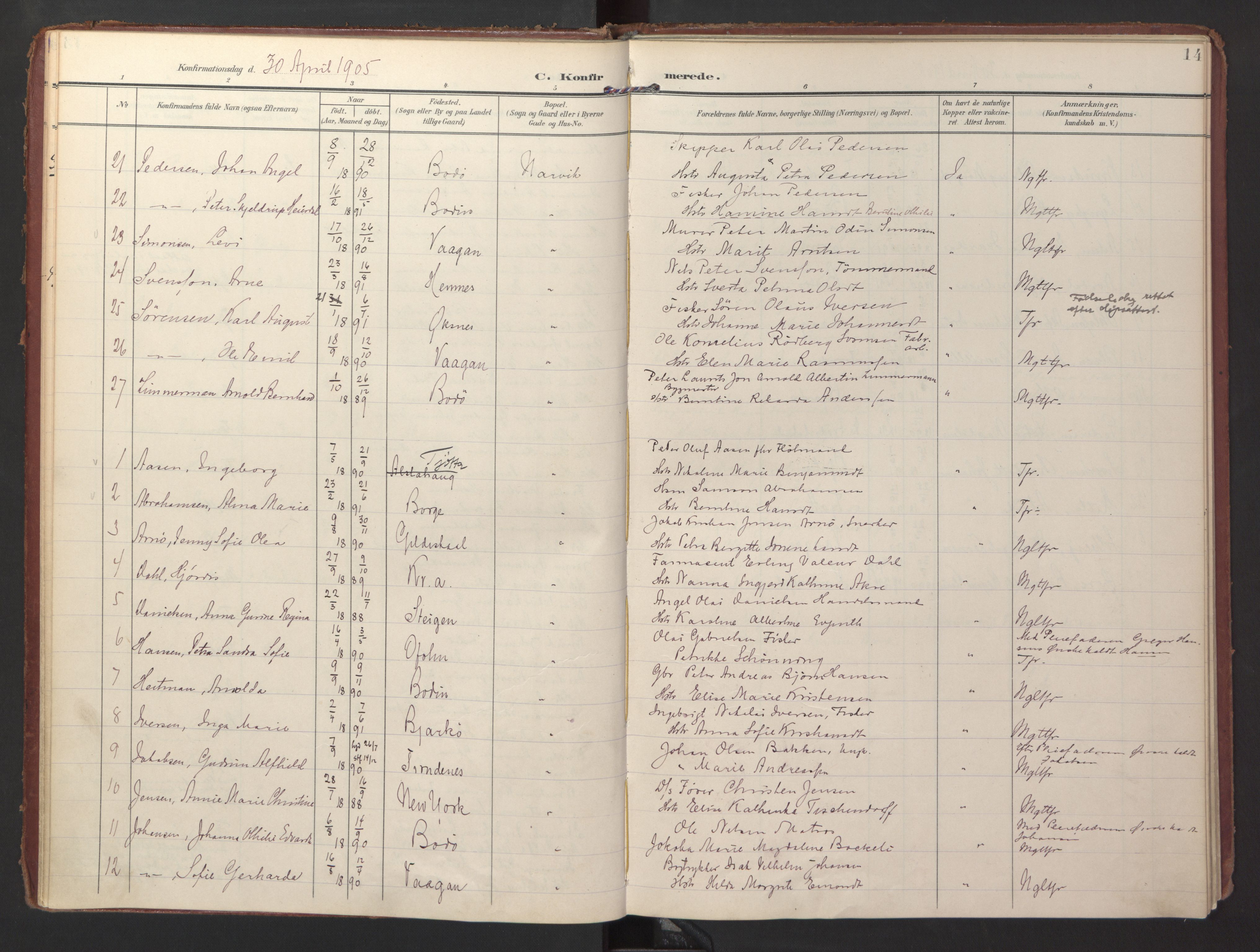 Ministerialprotokoller, klokkerbøker og fødselsregistre - Nordland, AV/SAT-A-1459/871/L0998: Ministerialbok nr. 871A14, 1902-1921, s. 14