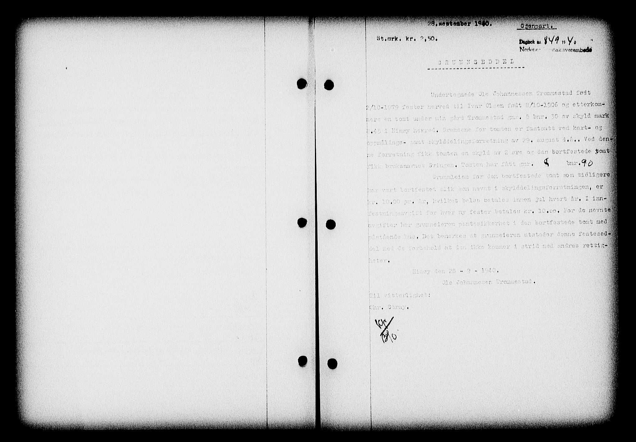Nedenes sorenskriveri, SAK/1221-0006/G/Gb/Gba/L0047: Pantebok nr. A-I, 1939-1940, Dagboknr: 849/1940
