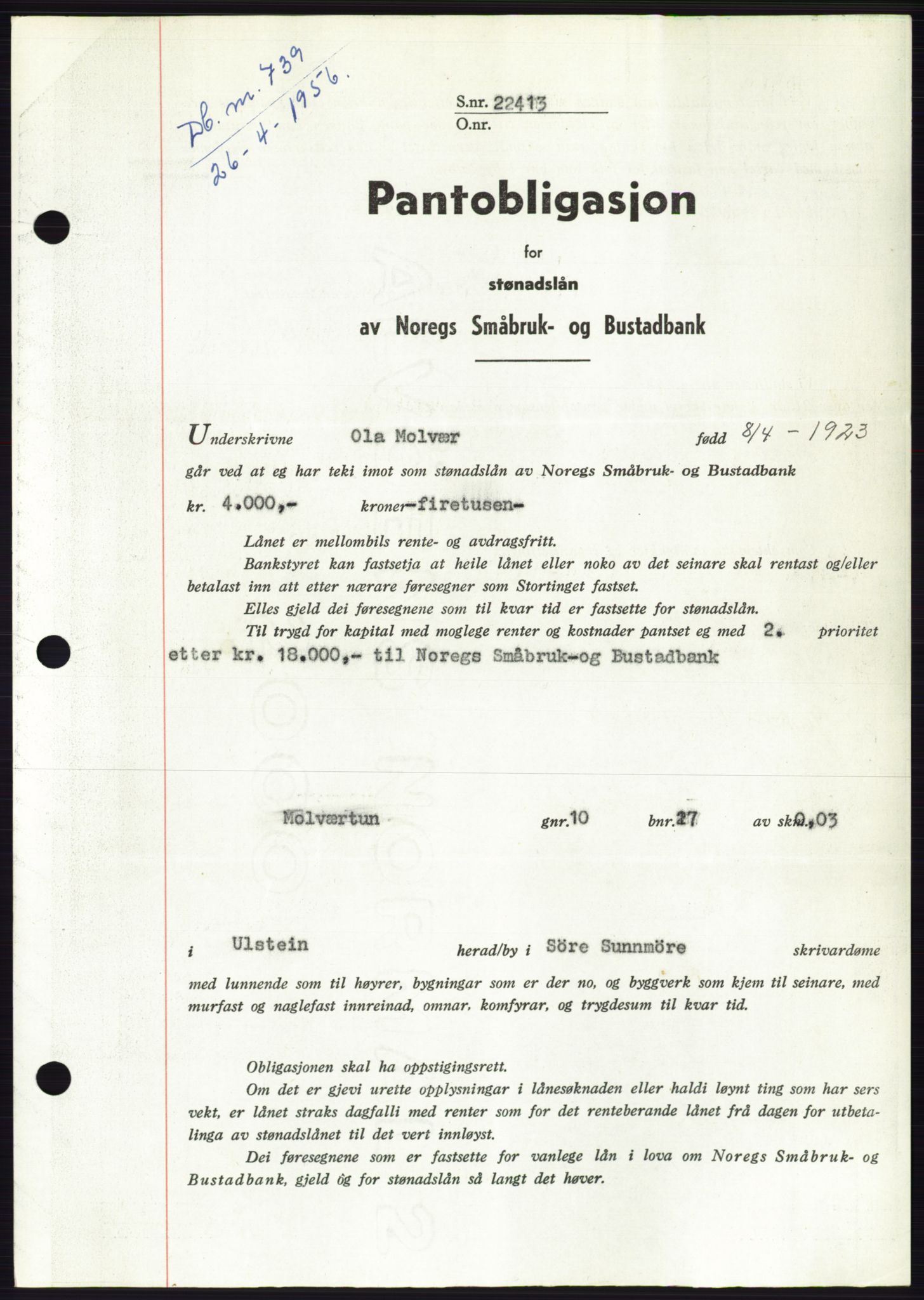 Søre Sunnmøre sorenskriveri, SAT/A-4122/1/2/2C/L0128: Pantebok nr. 16B, 1956-1956, Dagboknr: 739/1956