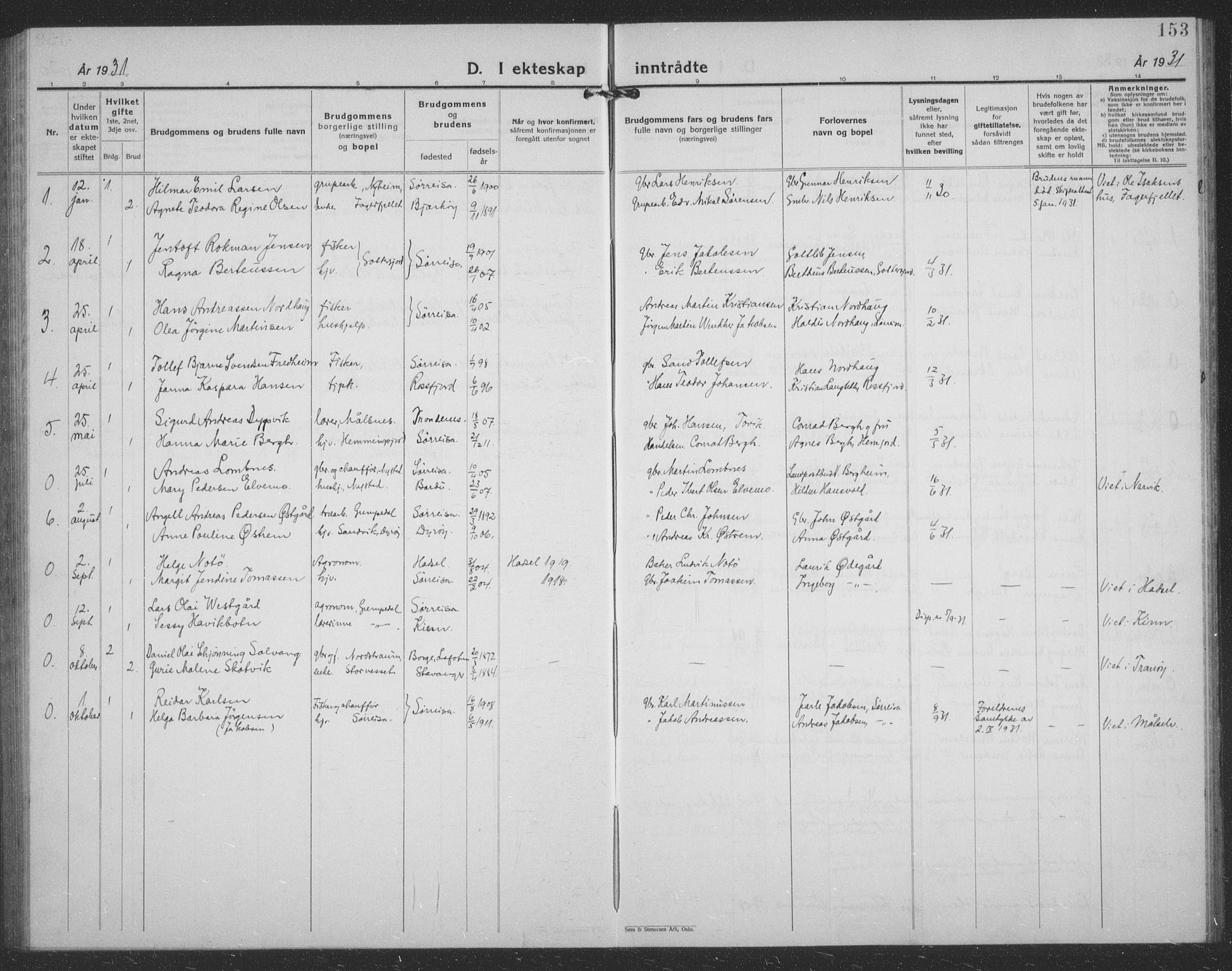 Tranøy sokneprestkontor, SATØ/S-1313/I/Ia/Iab/L0024klokker: Klokkerbok nr. 24, 1929-1943, s. 153