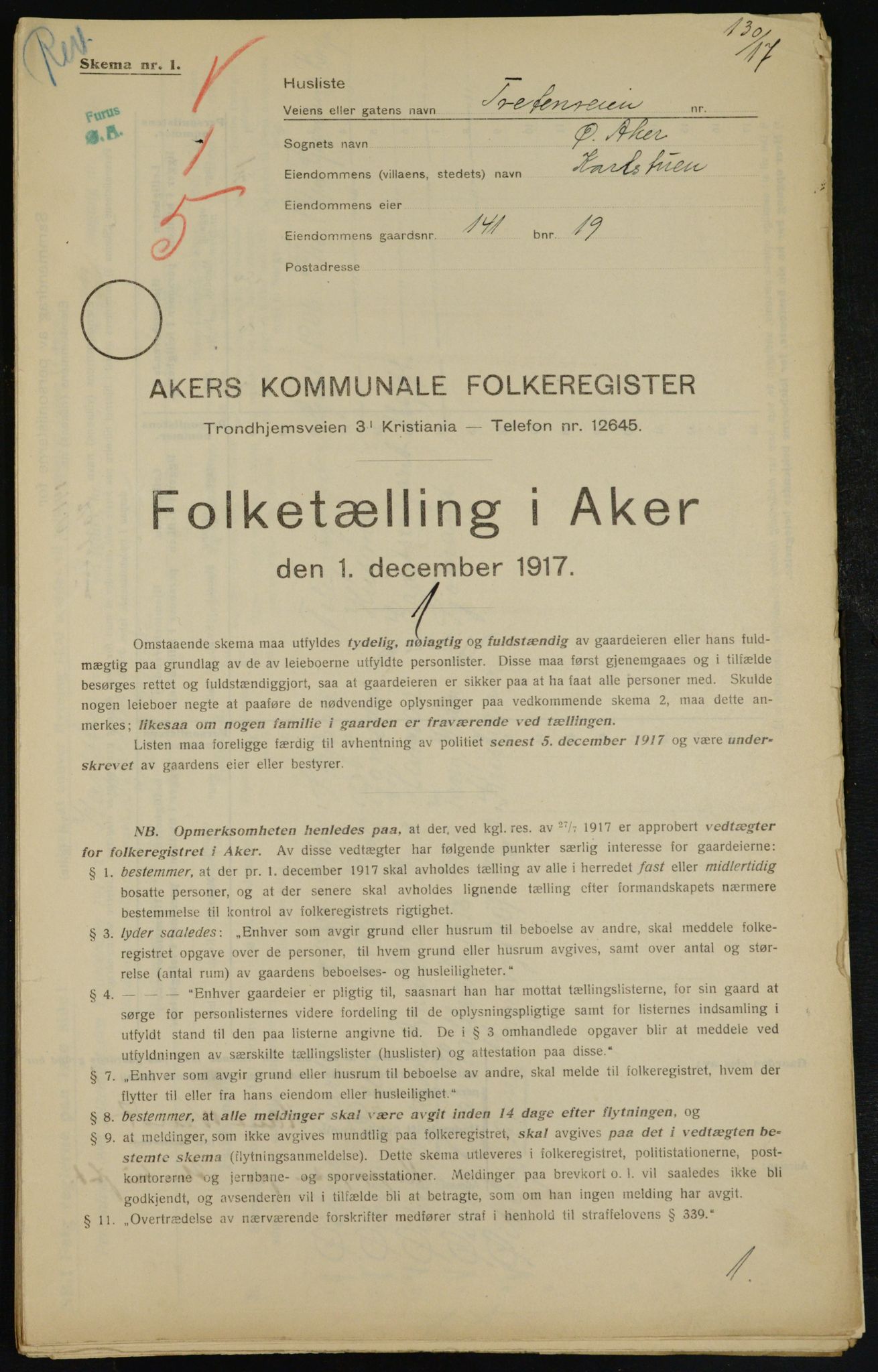 OBA, Kommunal folketelling 1.12.1917 for Aker, 1917, s. 27276