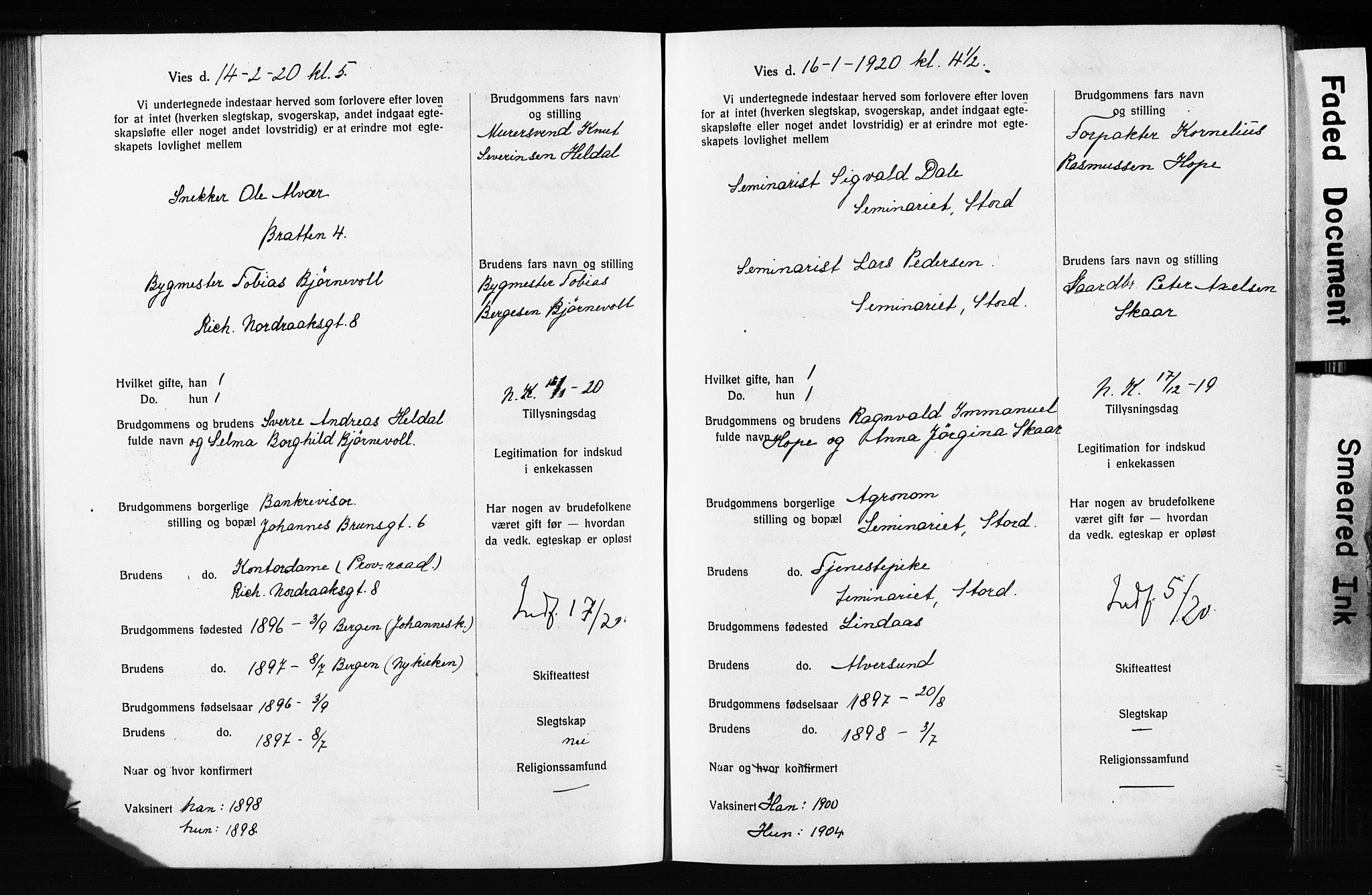 Domkirken sokneprestembete, SAB/A-74801: Forlovererklæringer nr. II.5.13, 1917-1922, s. 220