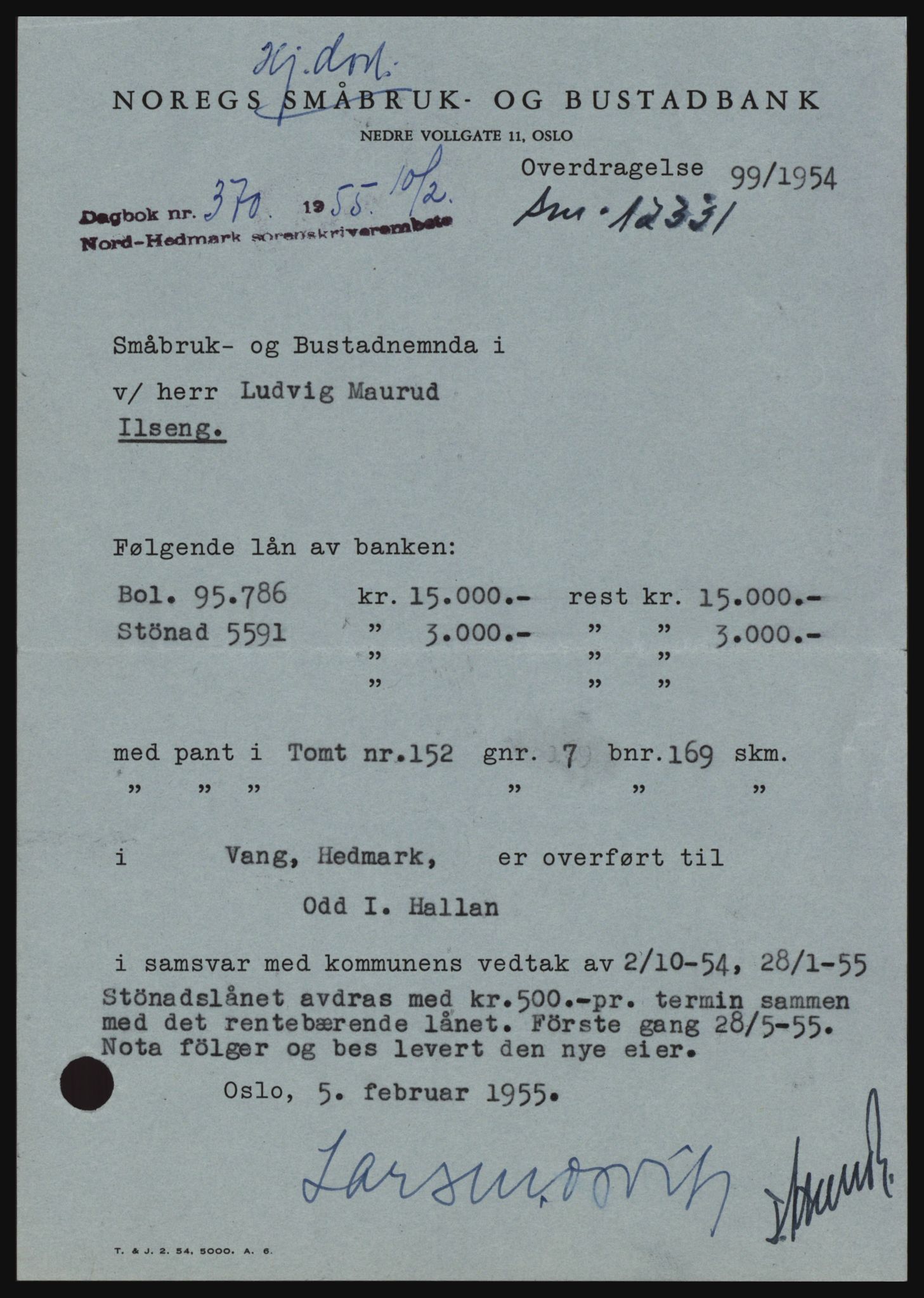 Nord-Hedmark sorenskriveri, SAH/TING-012/H/Hc/L0010: Pantebok nr. 10, 1955-1956, Dagboknr: 370/1955