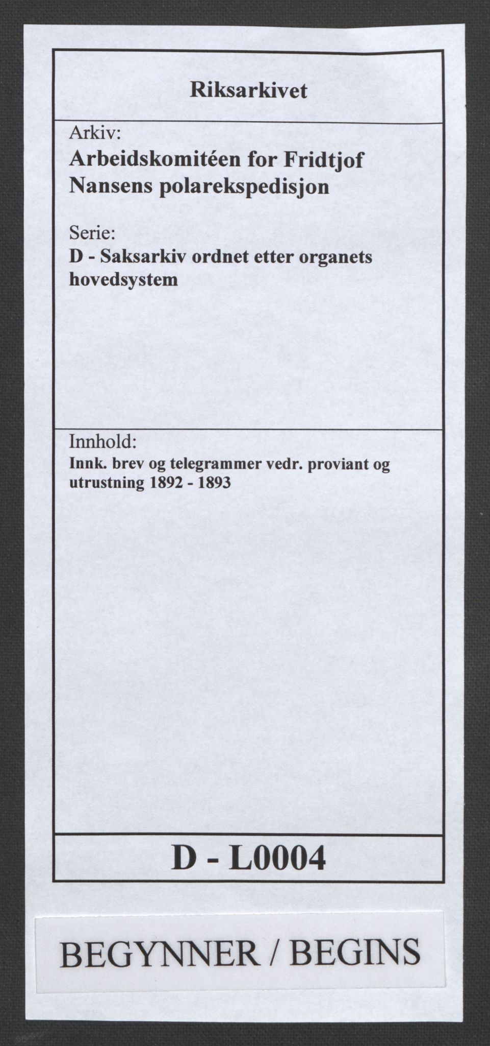 Arbeidskomitéen for Fridtjof Nansens polarekspedisjon, RA/PA-0061/D/L0004: Innk. brev og telegrammer vedr. proviant og utrustning, 1892-1893, s. 1