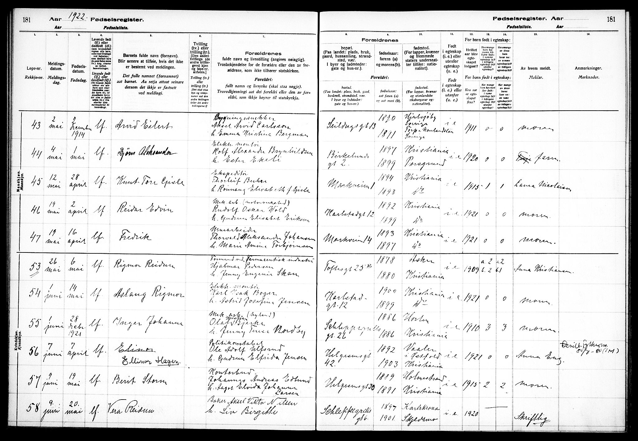 Paulus prestekontor Kirkebøker, AV/SAO-A-10871/J/Ja/L0001: Fødselsregister nr. 1, 1916-1923, s. 181