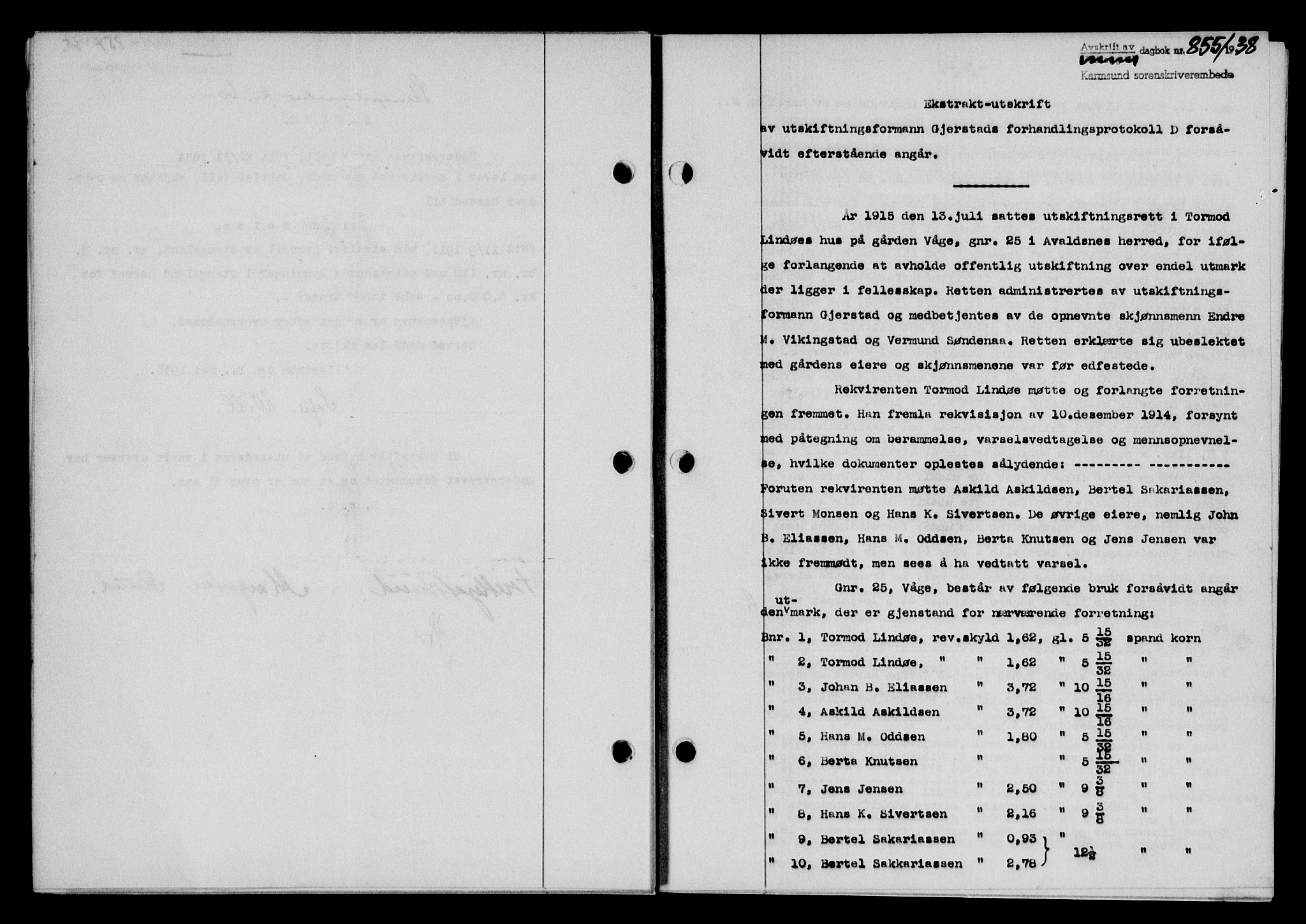 Karmsund sorenskriveri, SAST/A-100311/01/II/IIB/L0069: Pantebok nr. 50A, 1937-1938, Dagboknr: 855/1938