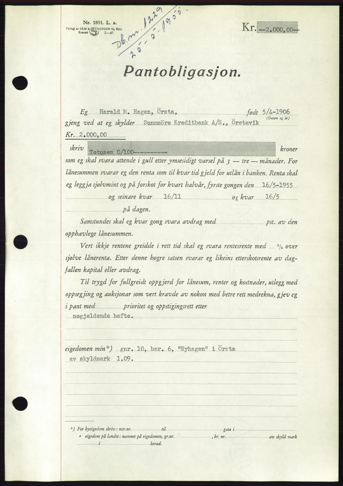 Søre Sunnmøre sorenskriveri, AV/SAT-A-4122/1/2/2C/L0126: Pantebok nr. 14B, 1954-1955, Dagboknr: 1229/1955