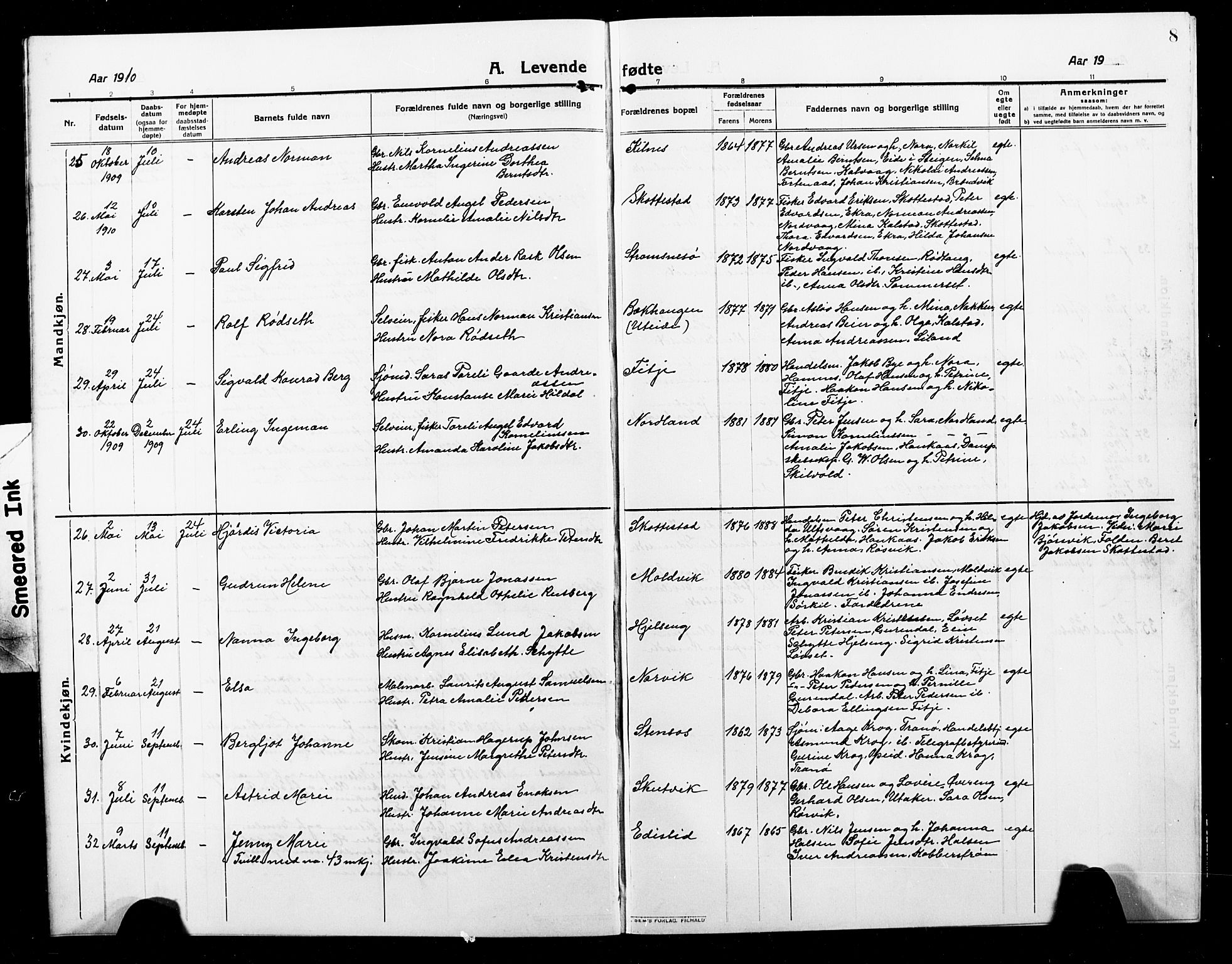 Ministerialprotokoller, klokkerbøker og fødselsregistre - Nordland, AV/SAT-A-1459/859/L0861: Klokkerbok nr. 859C07, 1910-1925, s. 8