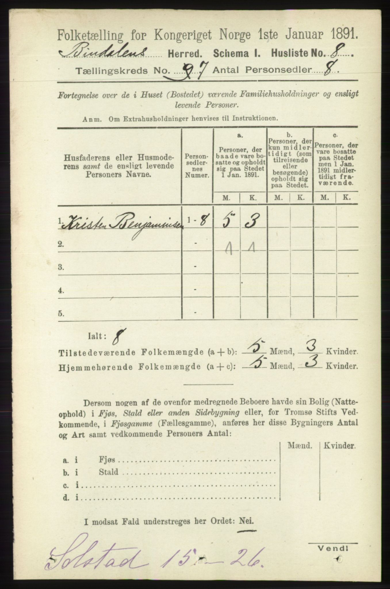 RA, Folketelling 1891 for 1811 Bindal herred, 1891, s. 2203