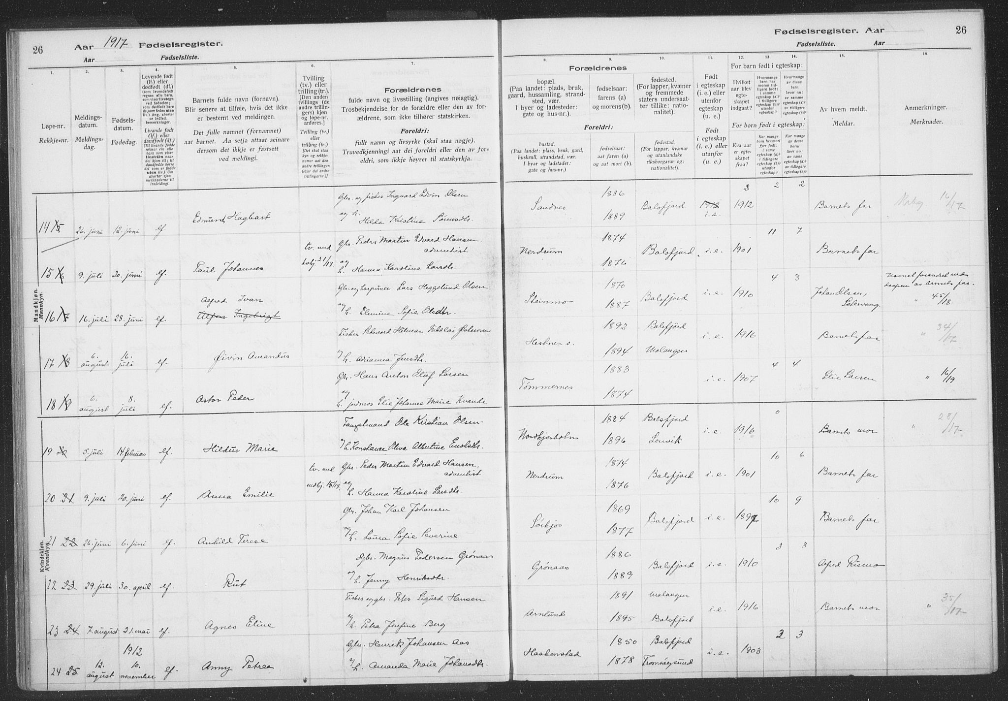 Balsfjord sokneprestembete, AV/SATØ-S-1303/H/Hb/L0059: Fødselsregister nr. 59, 1916-1930, s. 26