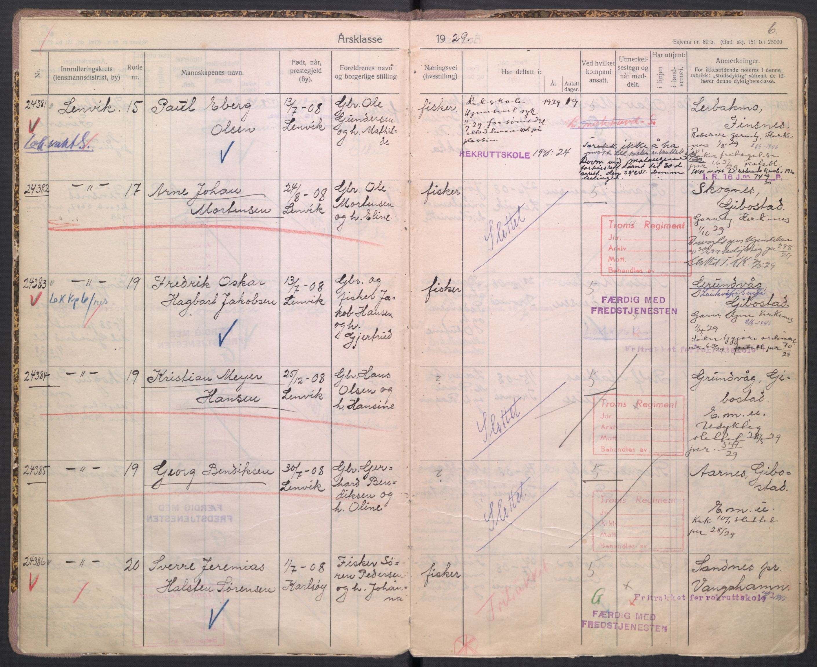 Forsvaret, Troms infanteriregiment nr. 16, AV/RA-RAFA-3146/P/Pa/L0005/0001: Ruller / Rulle for Bardu bataljons menige mannskaper, årsklasse 1929, 1929, s. 6