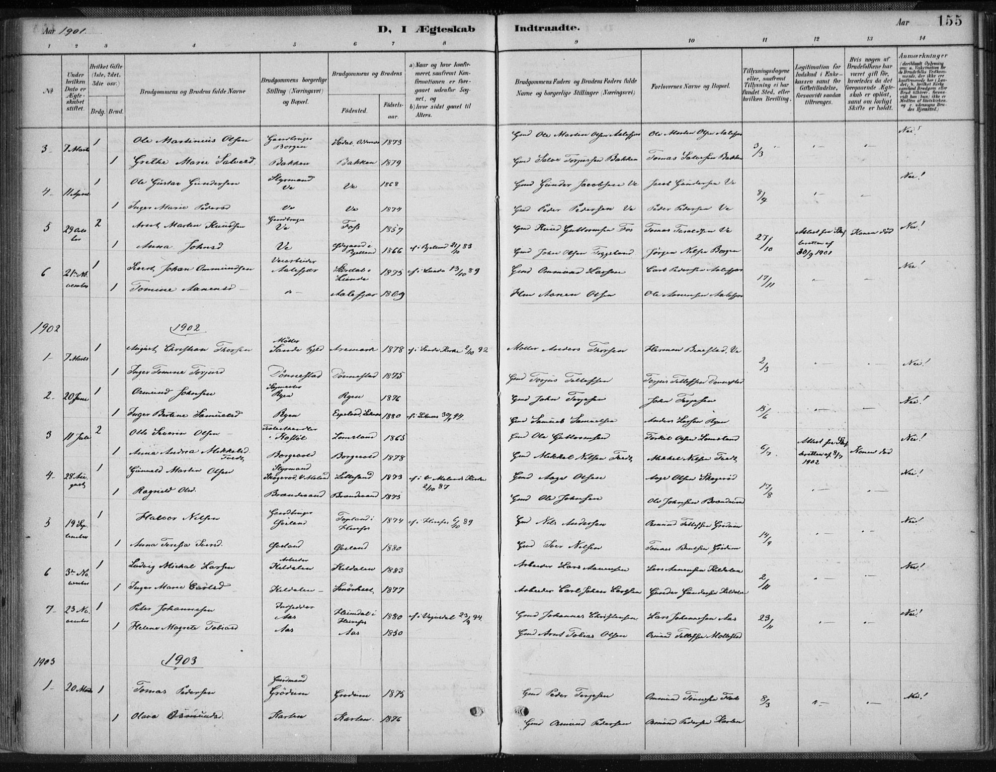 Tveit sokneprestkontor, AV/SAK-1111-0043/F/Fa/L0007: Ministerialbok nr. A 7, 1887-1908, s. 155