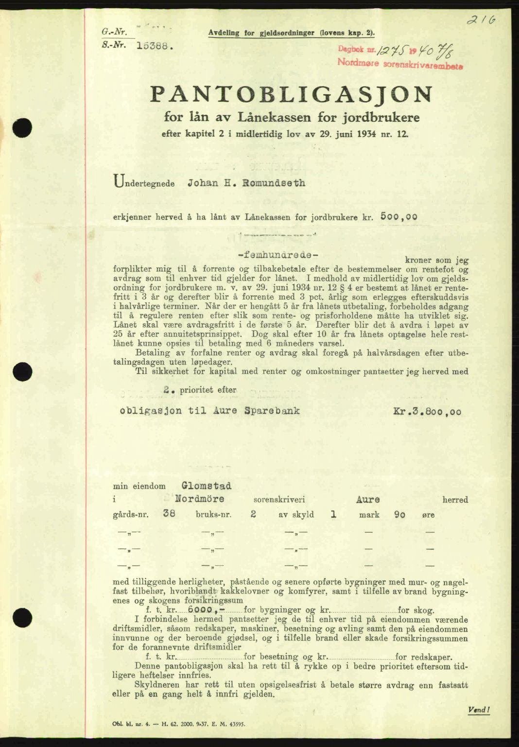 Nordmøre sorenskriveri, AV/SAT-A-4132/1/2/2Ca: Pantebok nr. B87, 1940-1941, Dagboknr: 1275/1940