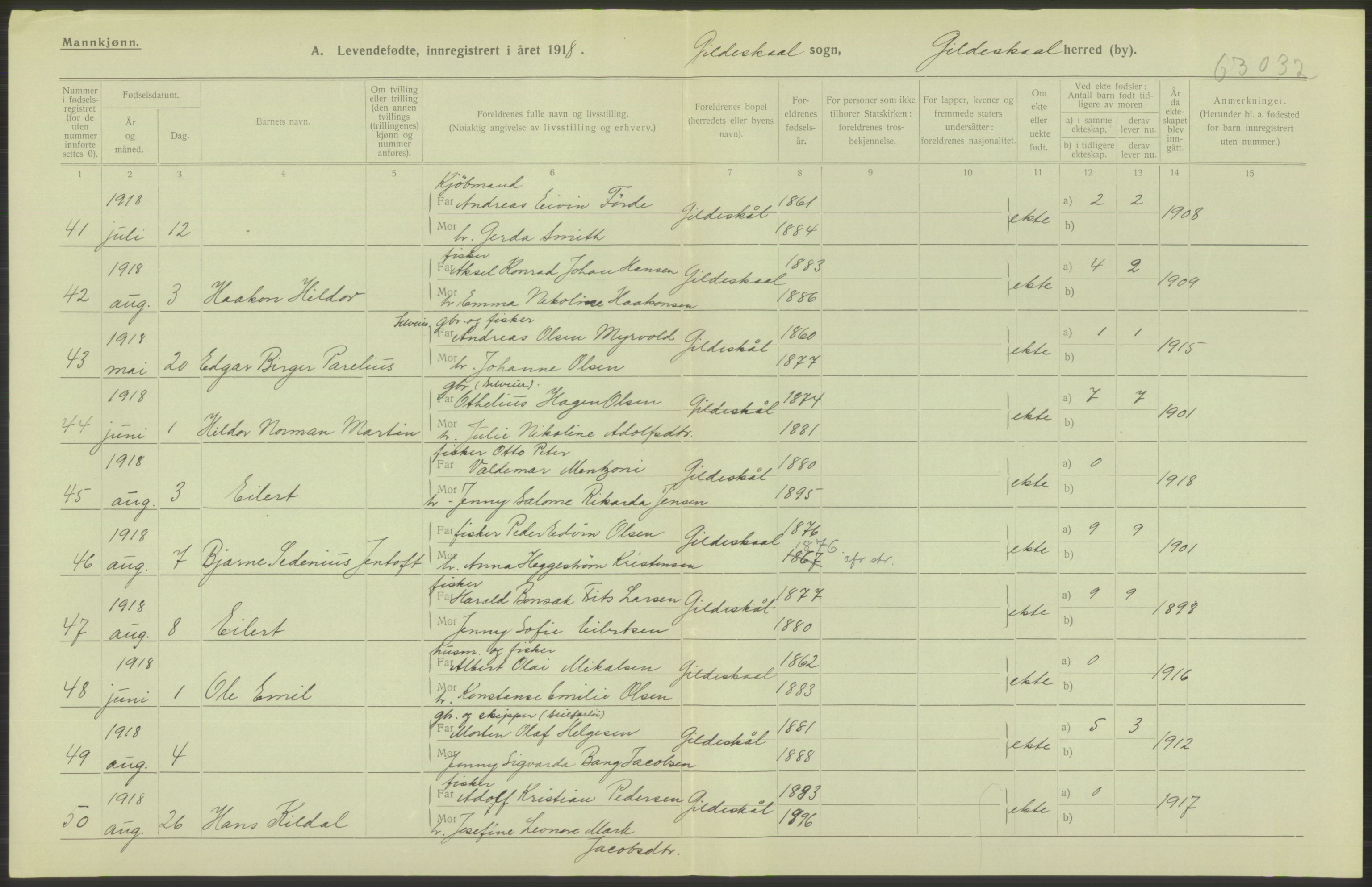 Statistisk sentralbyrå, Sosiodemografiske emner, Befolkning, AV/RA-S-2228/D/Df/Dfb/Dfbh/L0052: Nordland fylke: Levendefødte menn og kvinner. Bygder., 1918, s. 554