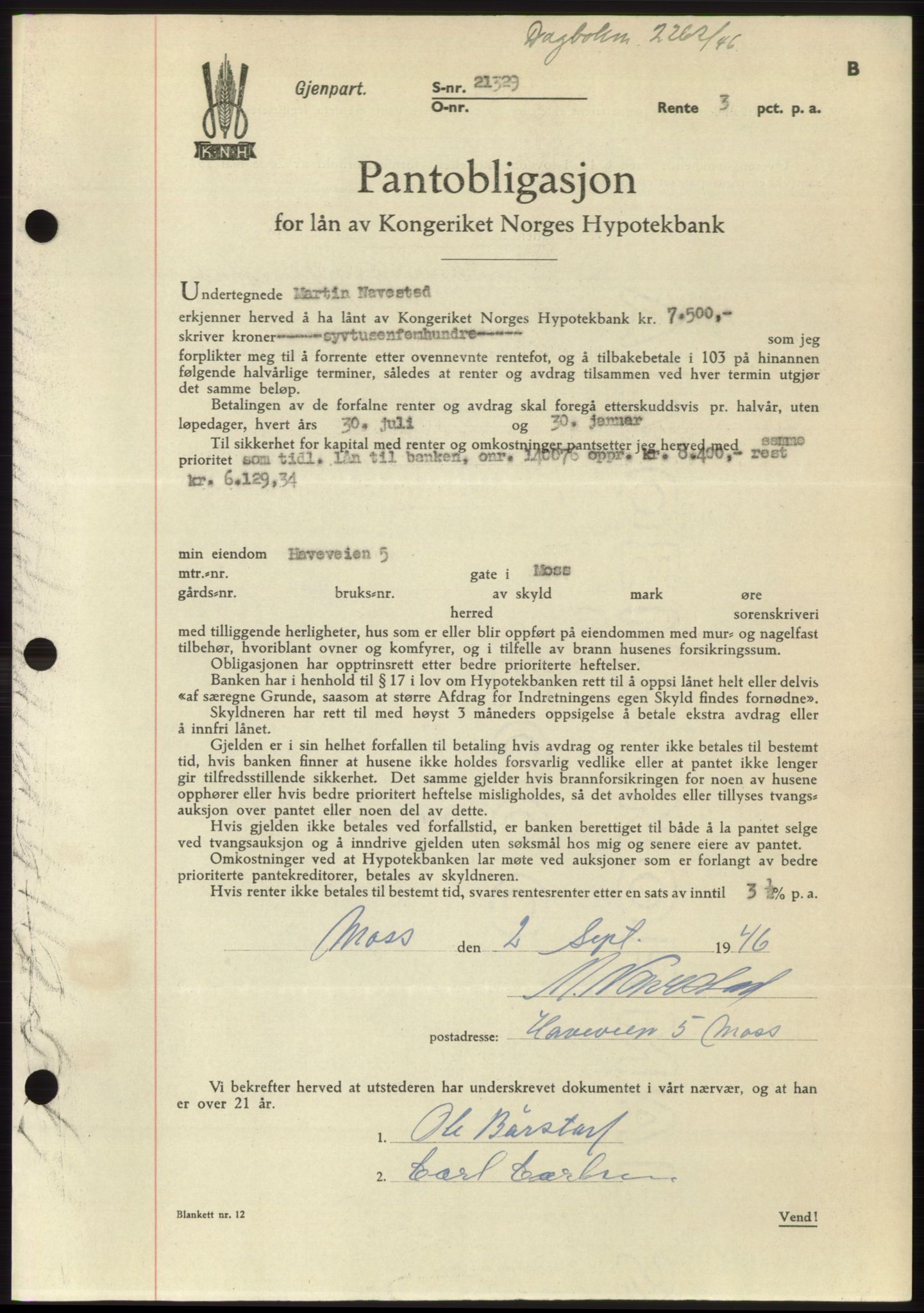 Moss sorenskriveri, SAO/A-10168: Pantebok nr. B16, 1946-1947, Dagboknr: 2262/1946