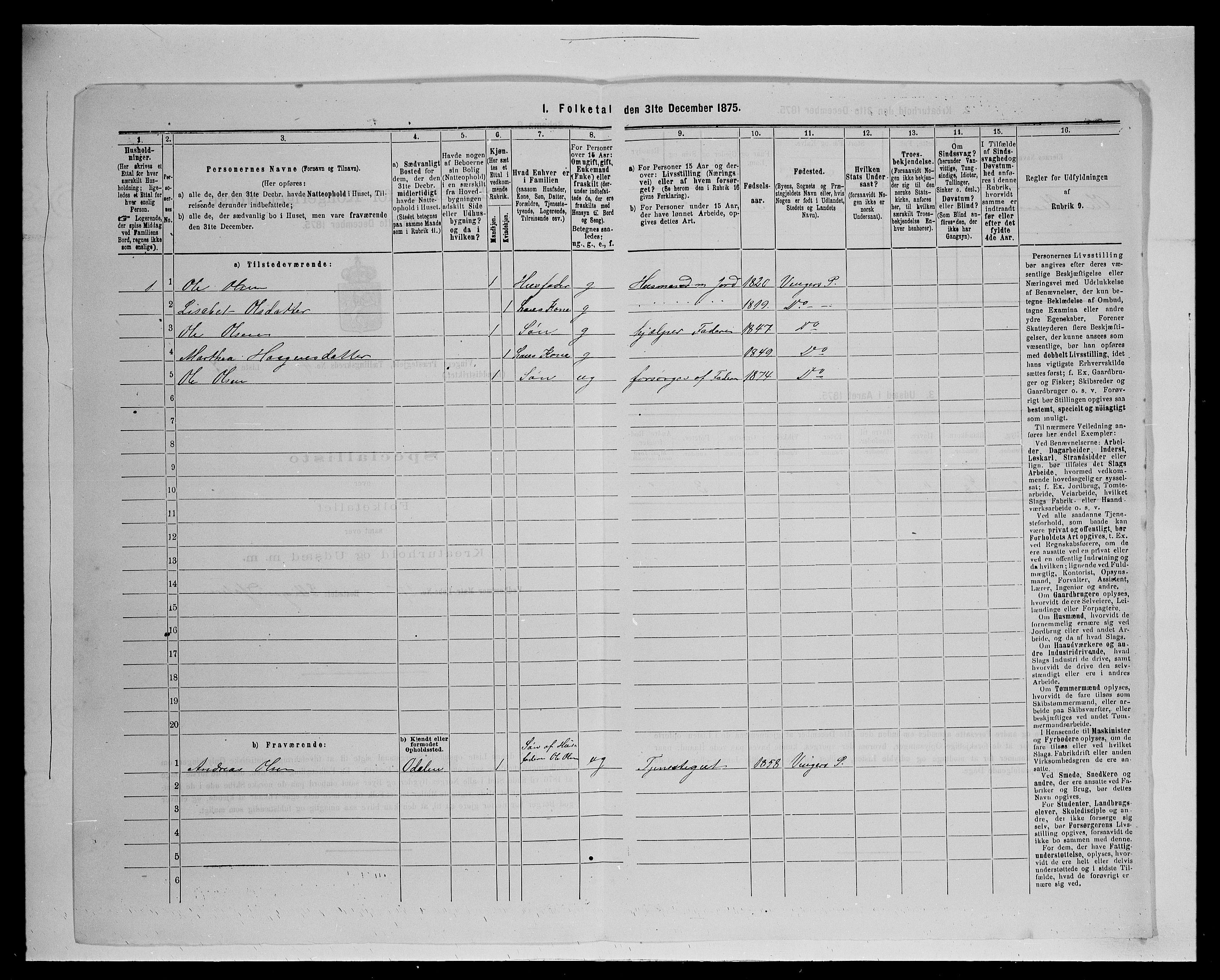 SAH, Folketelling 1875 for 0421L Vinger prestegjeld, Vinger sokn og Austmarka sokn, 1875, s. 611