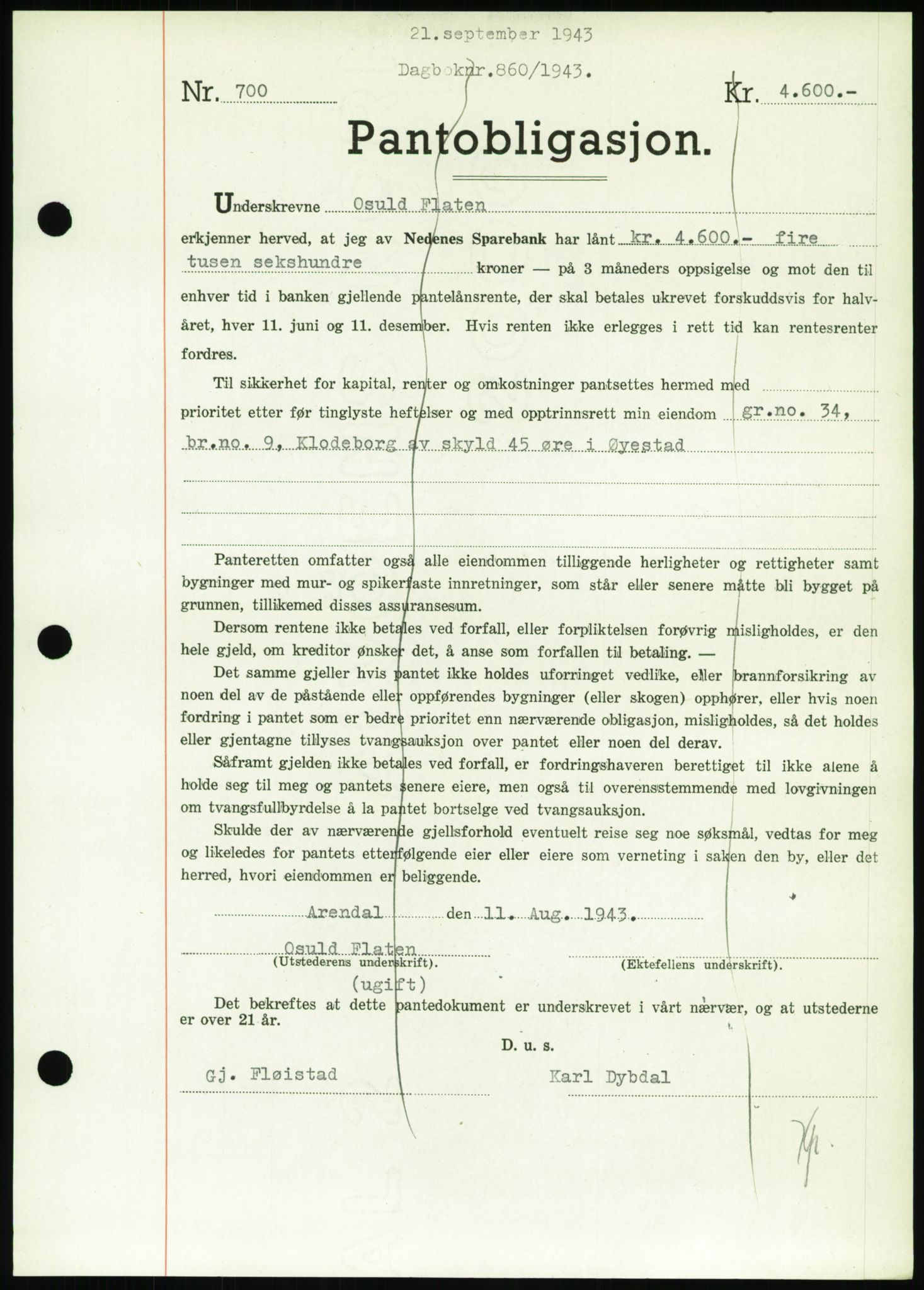 Nedenes sorenskriveri, AV/SAK-1221-0006/G/Gb/Gbb/L0002: Pantebok nr. II, 1942-1945, Dagboknr: 860/1943