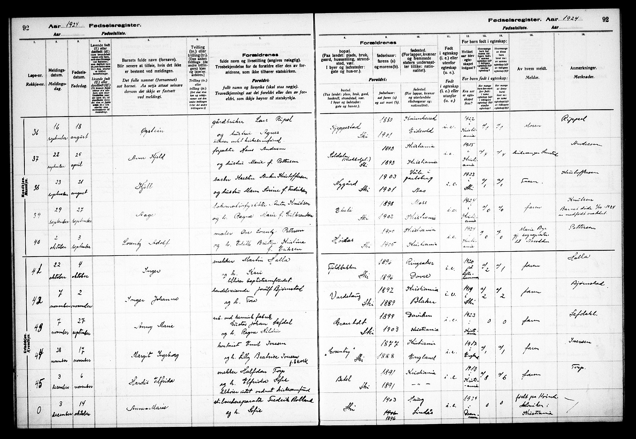 Kråkstad prestekontor Kirkebøker, AV/SAO-A-10125a/J/Jb/L0001: Fødselsregister nr. II 1, 1916-1936, s. 92