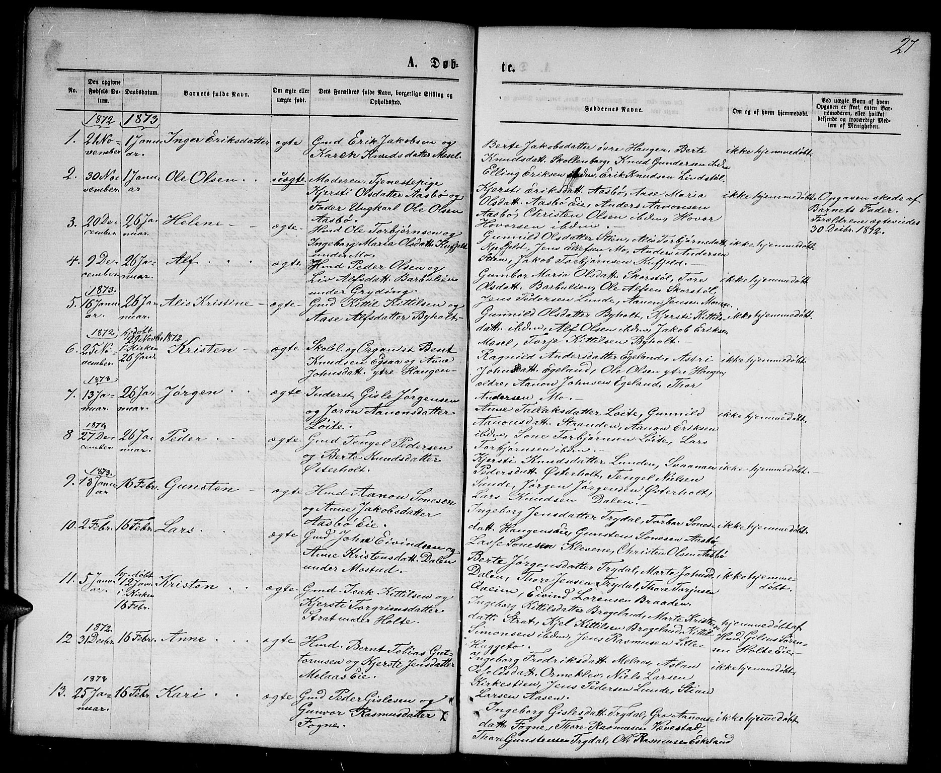 Gjerstad sokneprestkontor, AV/SAK-1111-0014/F/Fb/Fba/L0006: Klokkerbok nr. B 6, 1868-1890, s. 27