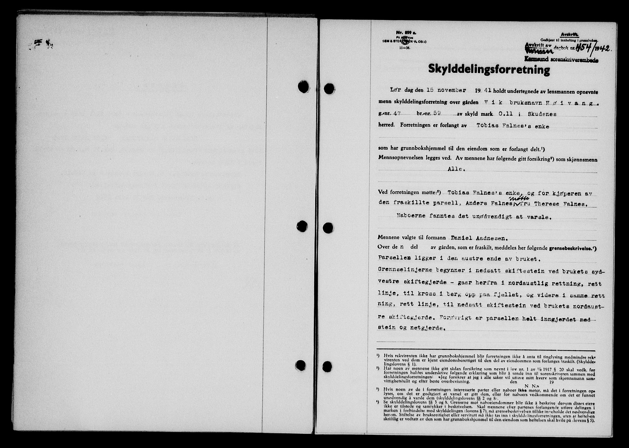 Karmsund sorenskriveri, SAST/A-100311/01/II/IIB/L0077: Pantebok nr. 58A, 1942-1942, Dagboknr: 454/1942