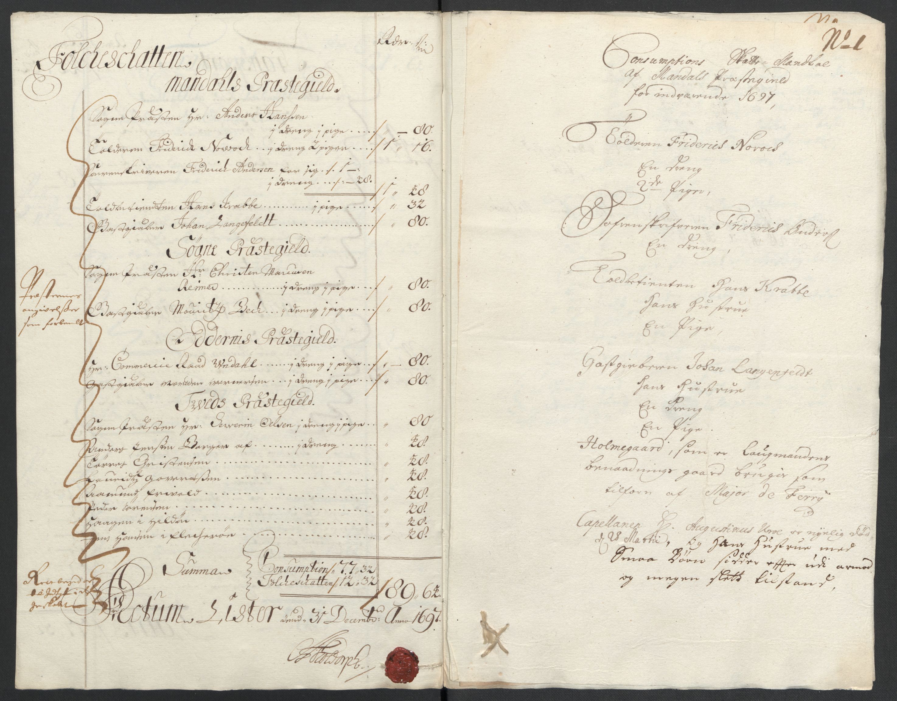 Rentekammeret inntil 1814, Reviderte regnskaper, Fogderegnskap, RA/EA-4092/R43/L2546: Fogderegnskap Lista og Mandal, 1696-1697, s. 231