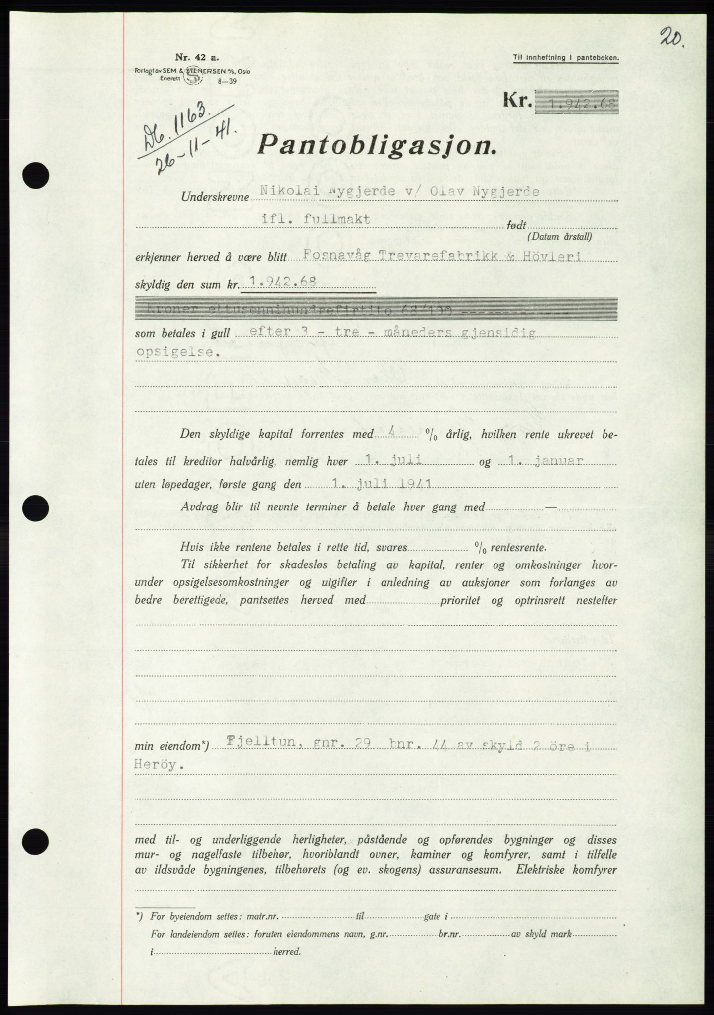 Søre Sunnmøre sorenskriveri, AV/SAT-A-4122/1/2/2C/L0073: Pantebok nr. 67, 1941-1942, Dagboknr: 1163/1941