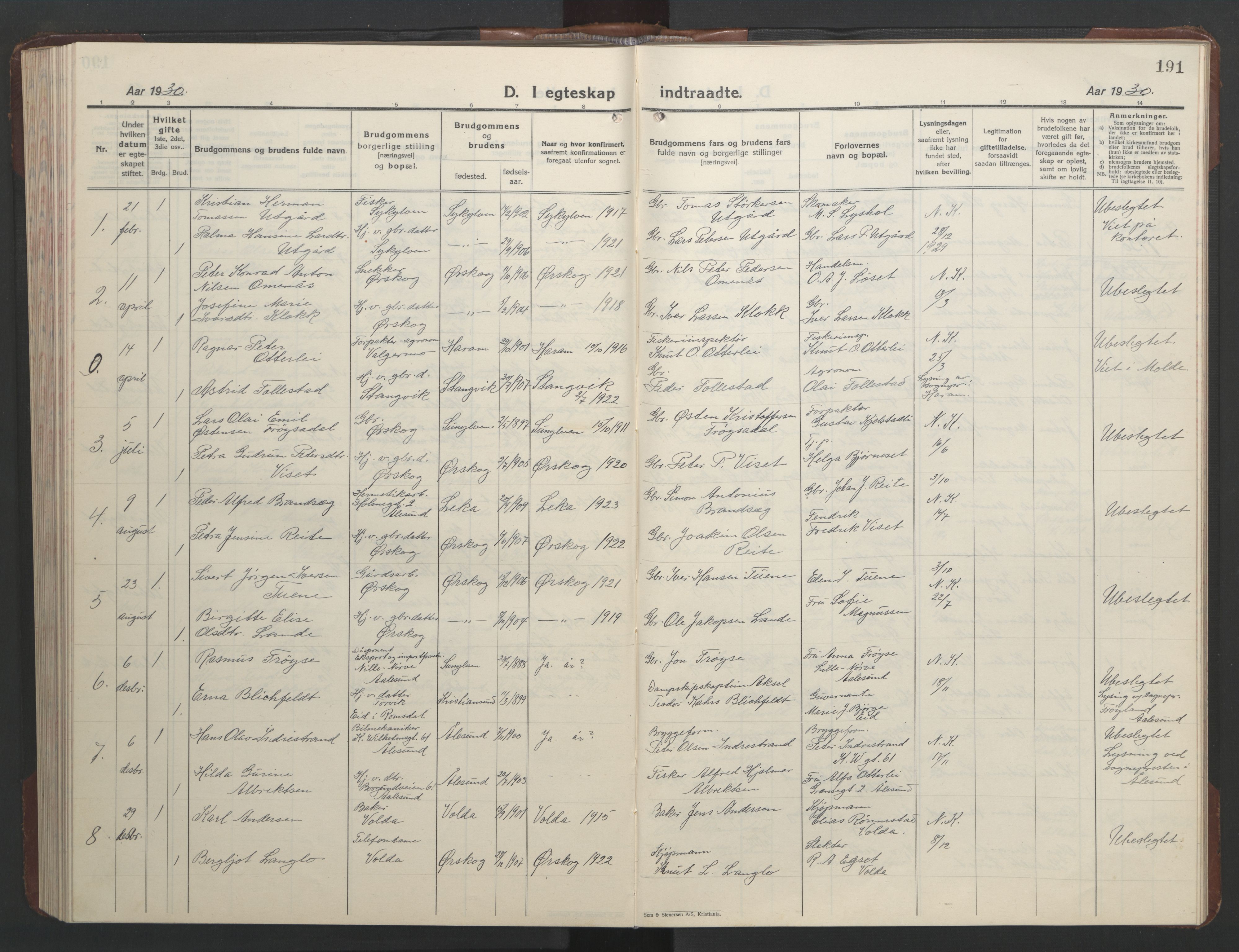 Ministerialprotokoller, klokkerbøker og fødselsregistre - Møre og Romsdal, AV/SAT-A-1454/522/L0329: Klokkerbok nr. 522C08, 1926-1951, s. 191