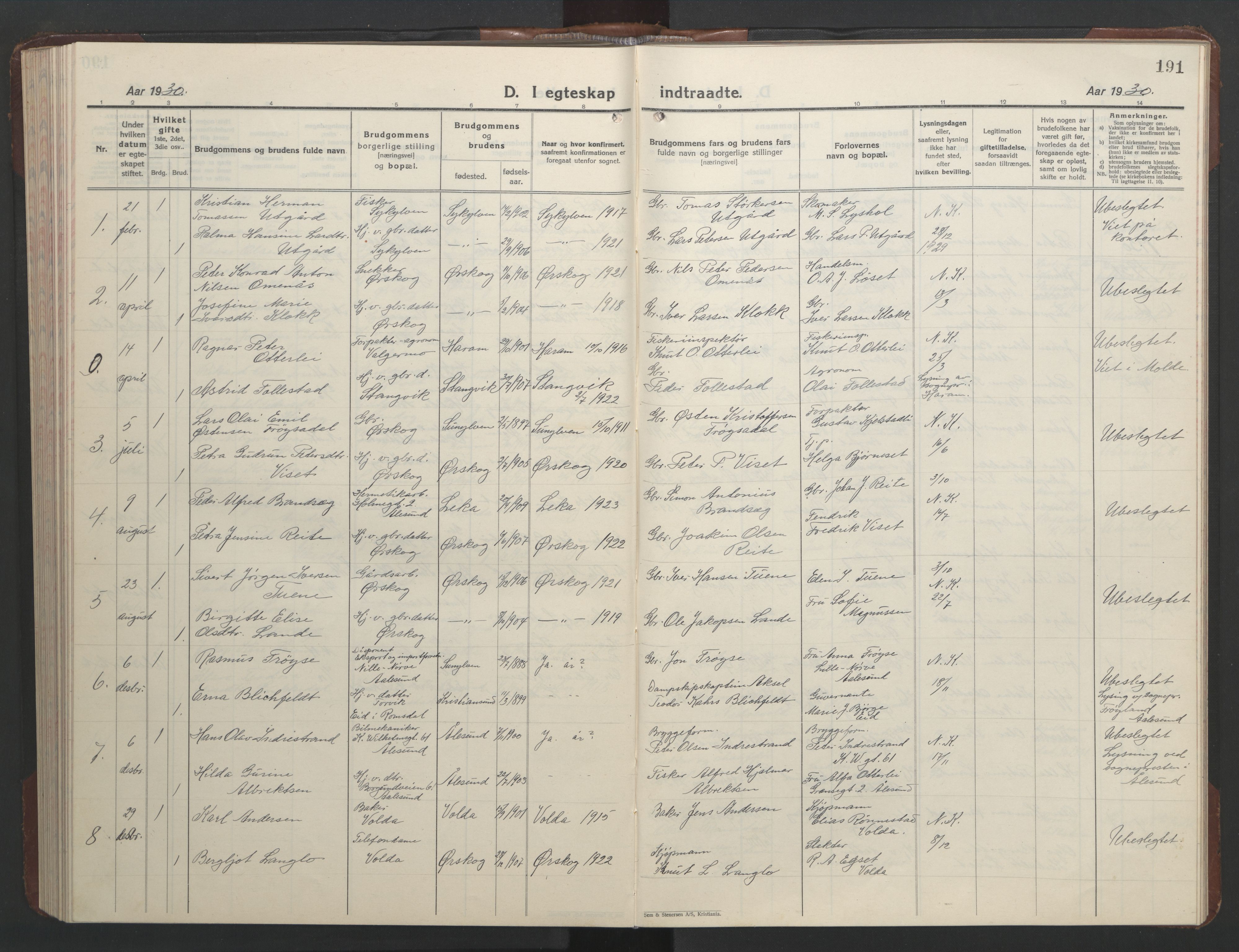 Ministerialprotokoller, klokkerbøker og fødselsregistre - Møre og Romsdal, SAT/A-1454/522/L0329: Klokkerbok nr. 522C08, 1926-1951, s. 191