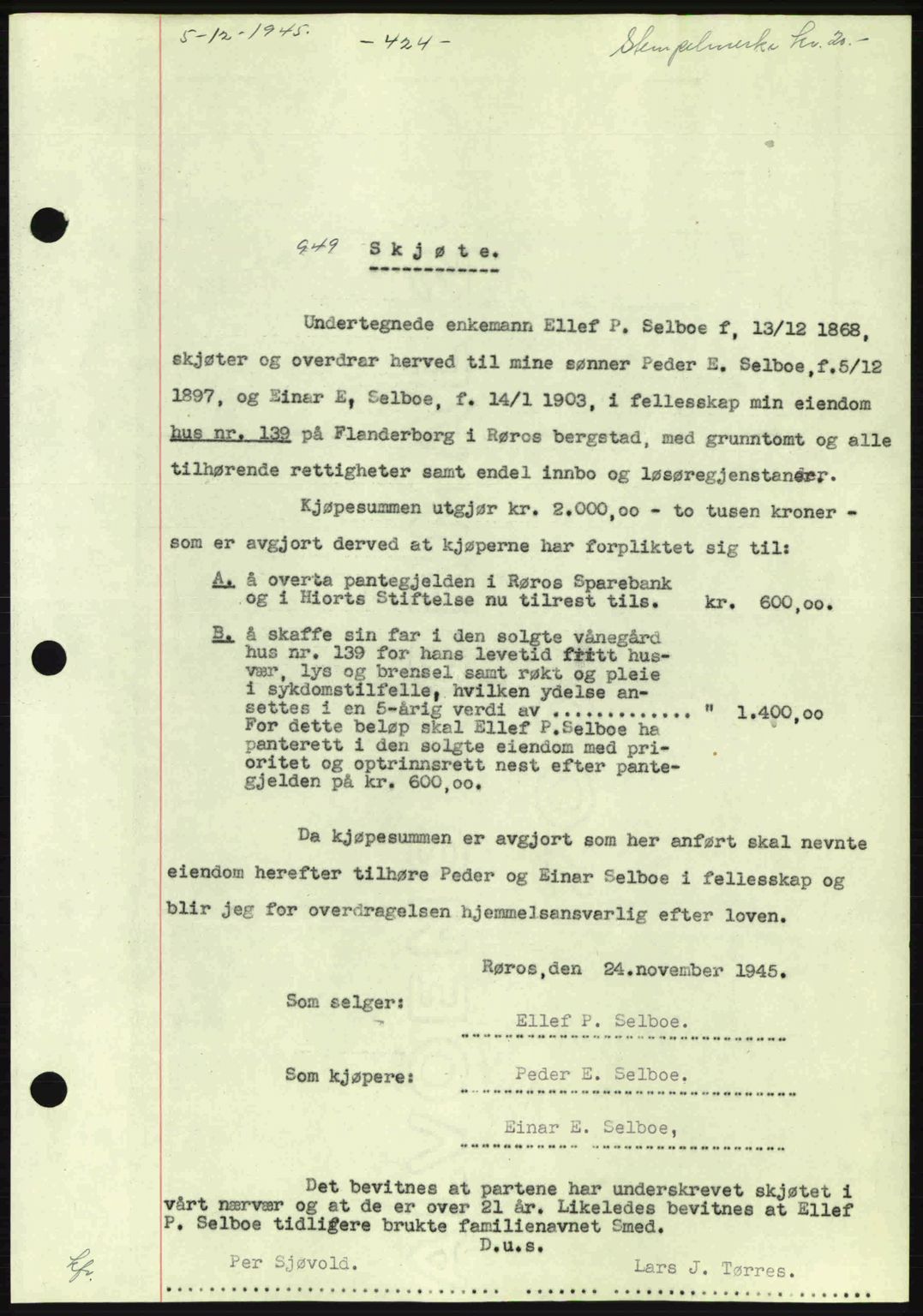 Gauldal sorenskriveri, SAT/A-0014/1/2/2C: Pantebok nr. A1a, 1945-1945, Dagboknr: 949/1945