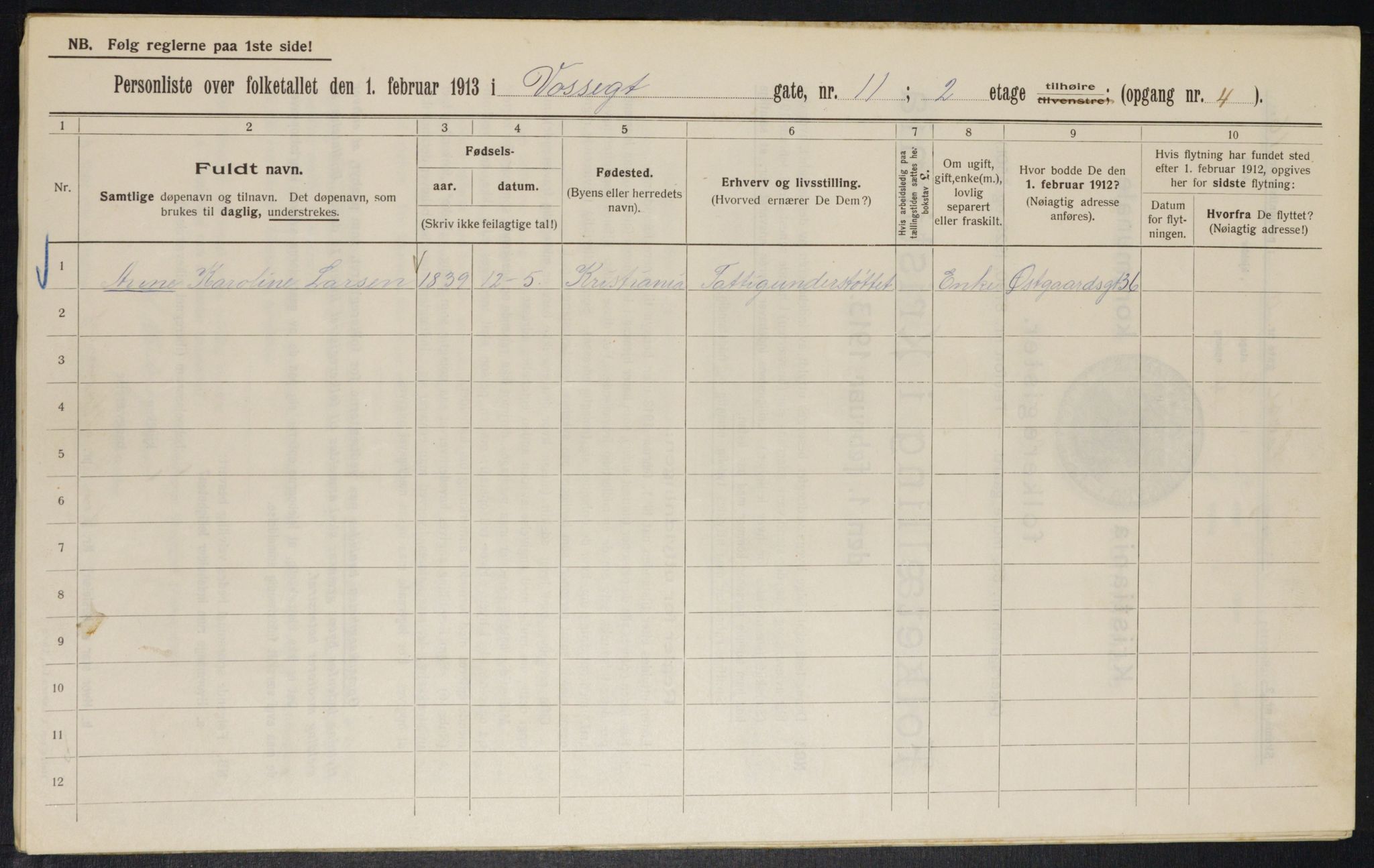 OBA, Kommunal folketelling 1.2.1913 for Kristiania, 1913, s. 125329