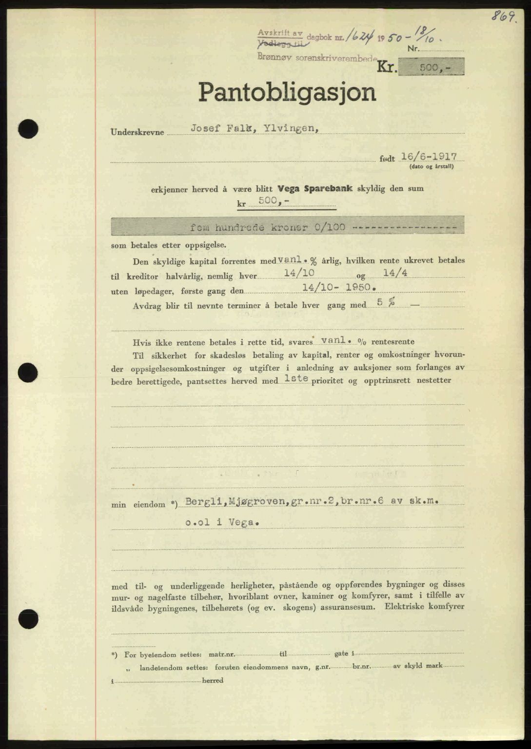 Brønnøy sorenskriveri, SAT/A-4170/1/2/2C: Pantebok nr. 36, 1950-1950, Dagboknr: 1624/1950