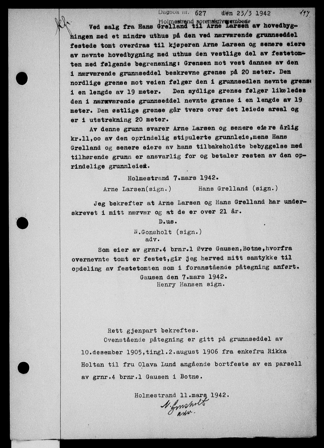 Holmestrand sorenskriveri, SAKO/A-67/G/Ga/Gaa/L0055: Pantebok nr. A-55, 1942-1942, Dagboknr: 627/1942