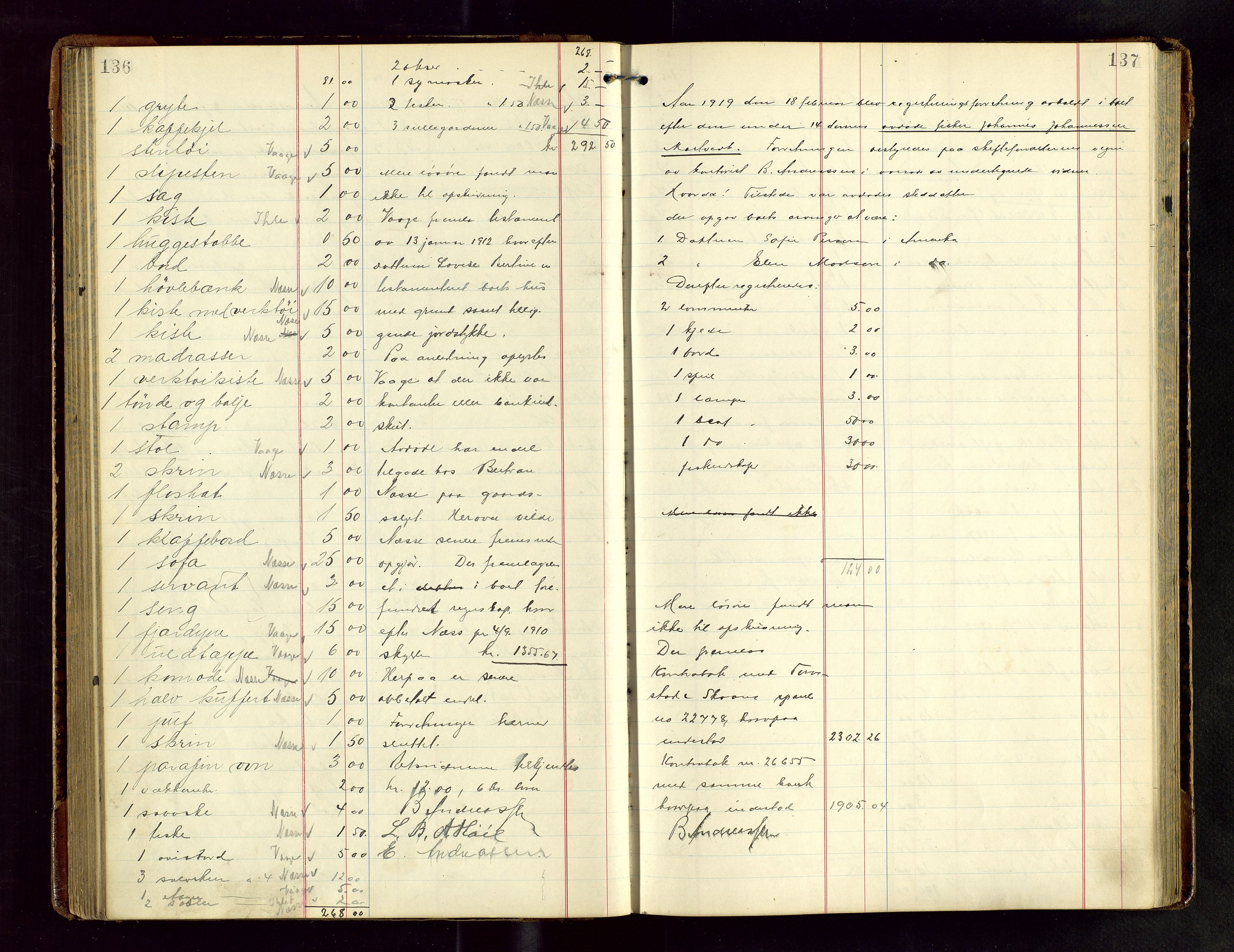 Haugesund tingrett, AV/SAST-A-101415/01/IV/IVB/L0004: Skifteregistreringsprotokoll, med register, 1914-1923, s. 136-137