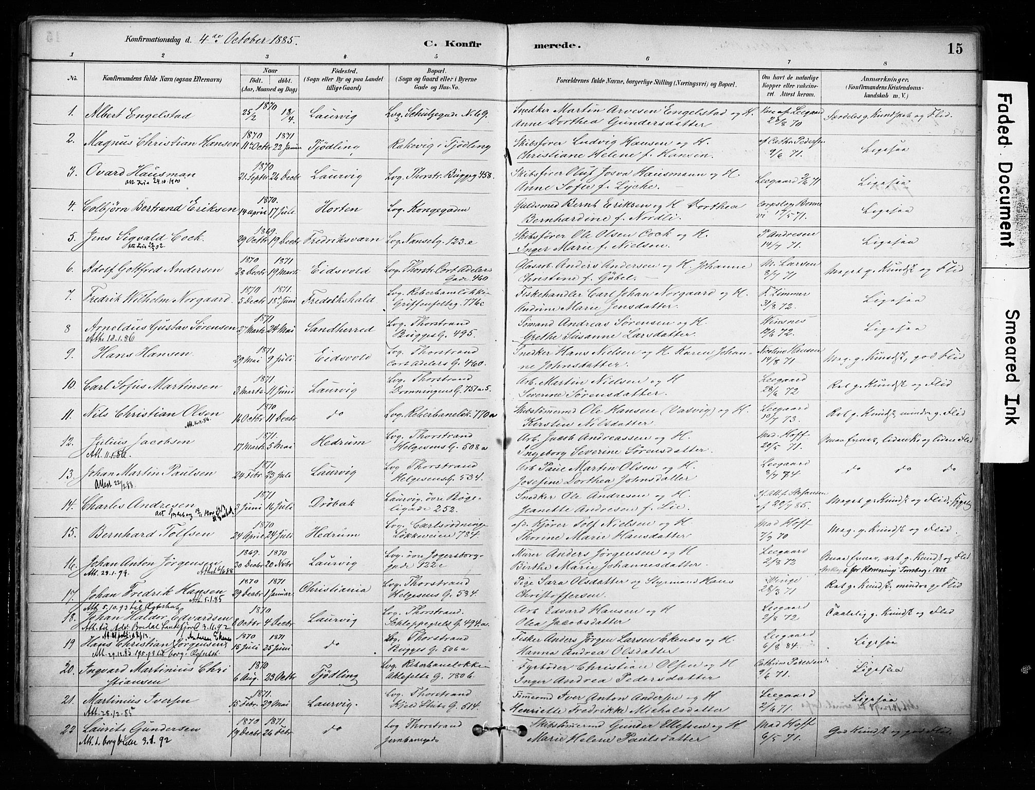 Larvik kirkebøker, AV/SAKO-A-352/F/Fa/L0008: Ministerialbok nr. I 8, 1884-1902, s. 15