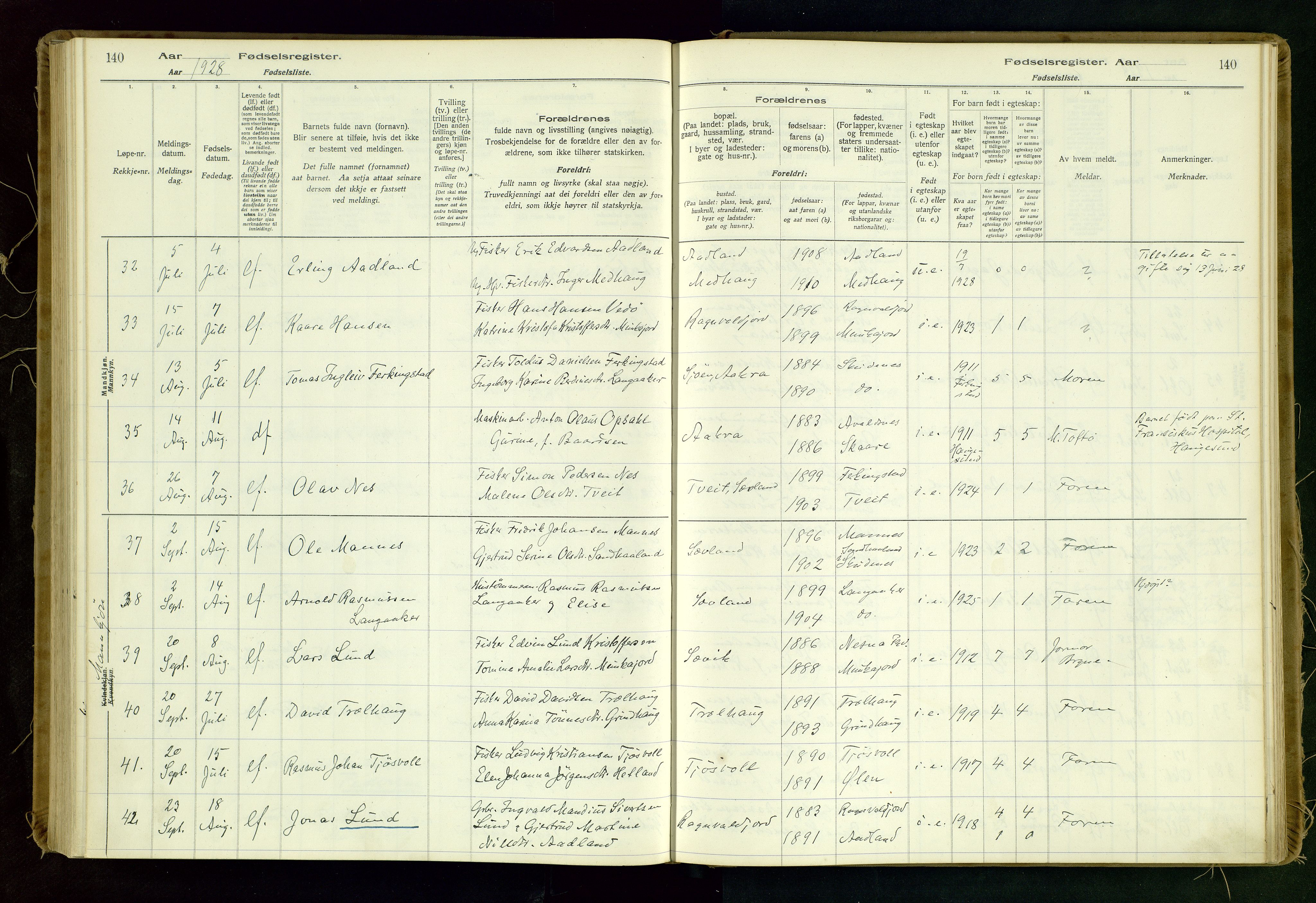 Kopervik sokneprestkontor, AV/SAST-A-101850/I/Id/L0006: Fødselsregister nr. 6, 1916-1934, s. 140