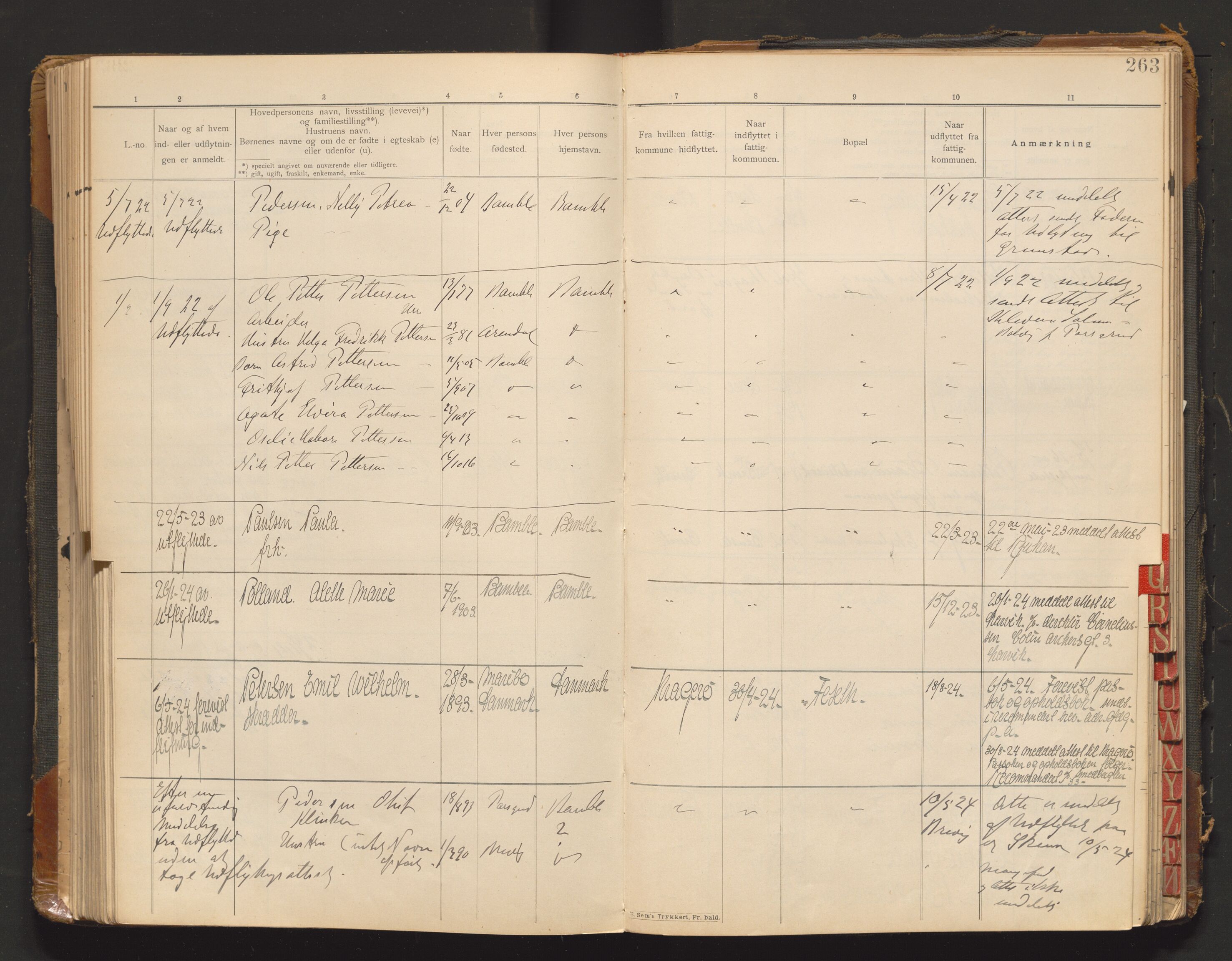 Bamble lensmannskontor, AV/SAKO-A-552/O/Oa/L0001: Protokoll over inn- og utflyttede - Bamble, 1901-1933, s. 263