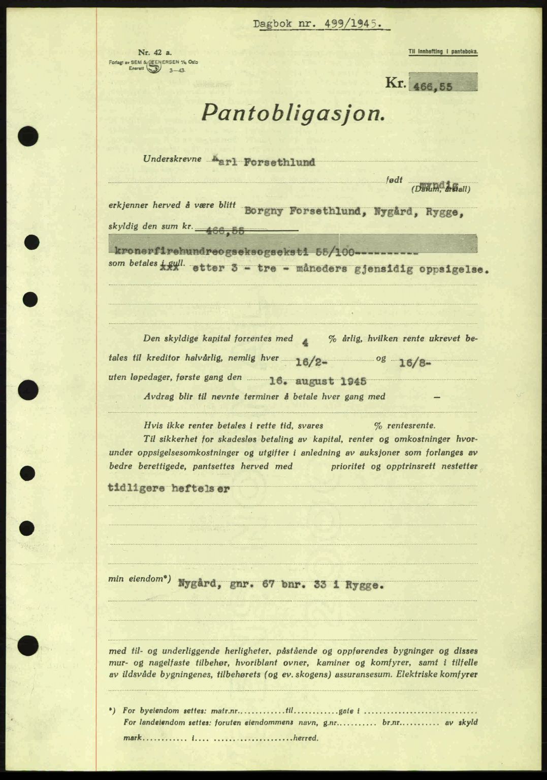 Moss sorenskriveri, SAO/A-10168: Pantebok nr. B13, 1943-1945, Dagboknr: 499/1945