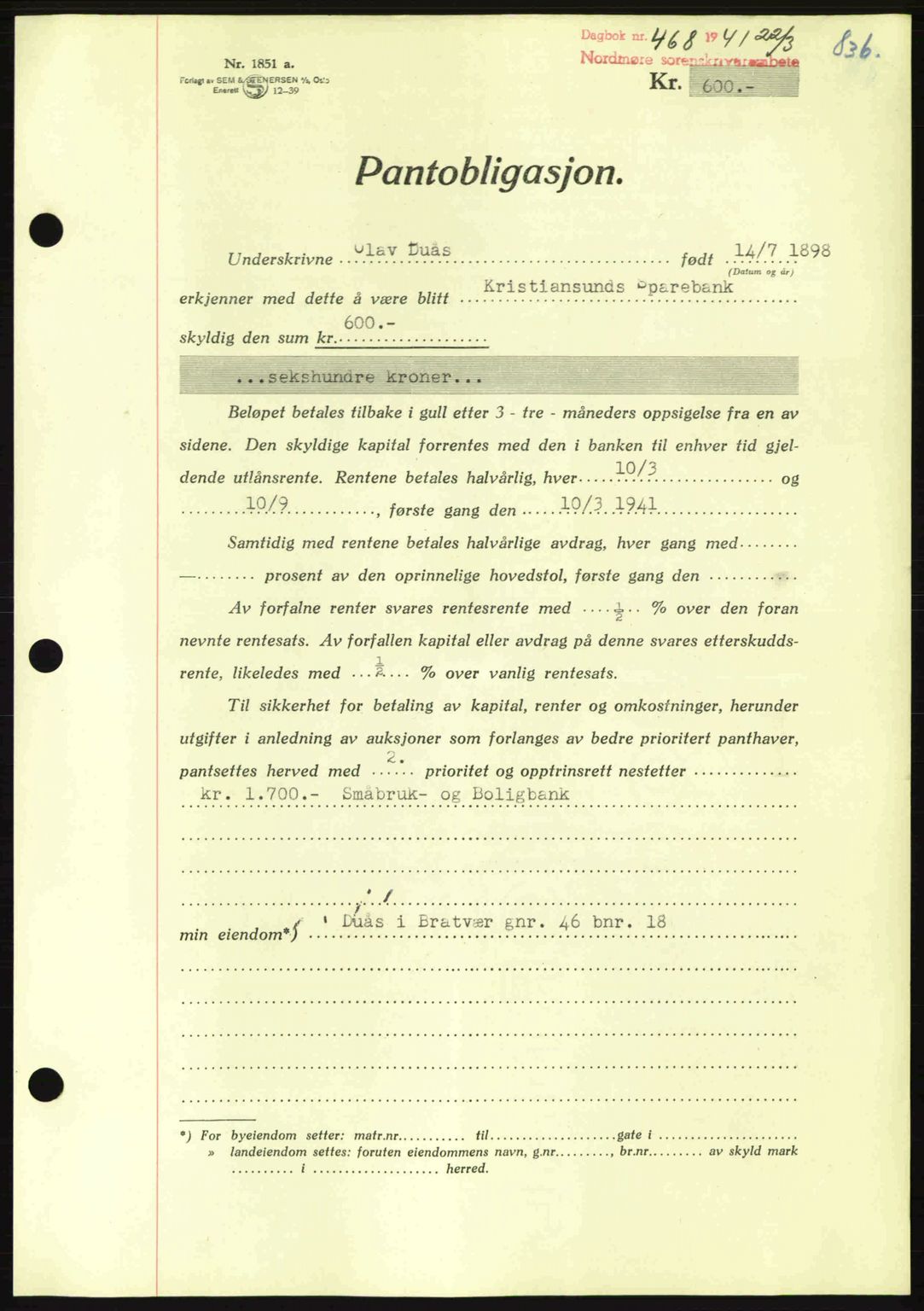 Nordmøre sorenskriveri, AV/SAT-A-4132/1/2/2Ca: Pantebok nr. B87, 1940-1941, Dagboknr: 468/1941