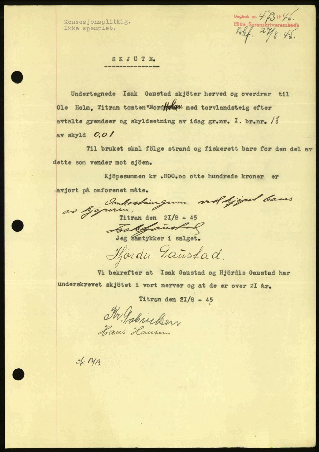 Hitra sorenskriveri, AV/SAT-A-0018/2/2C/2Ca: Pantebok nr. A2, 1943-1945, Dagboknr: 473/1945