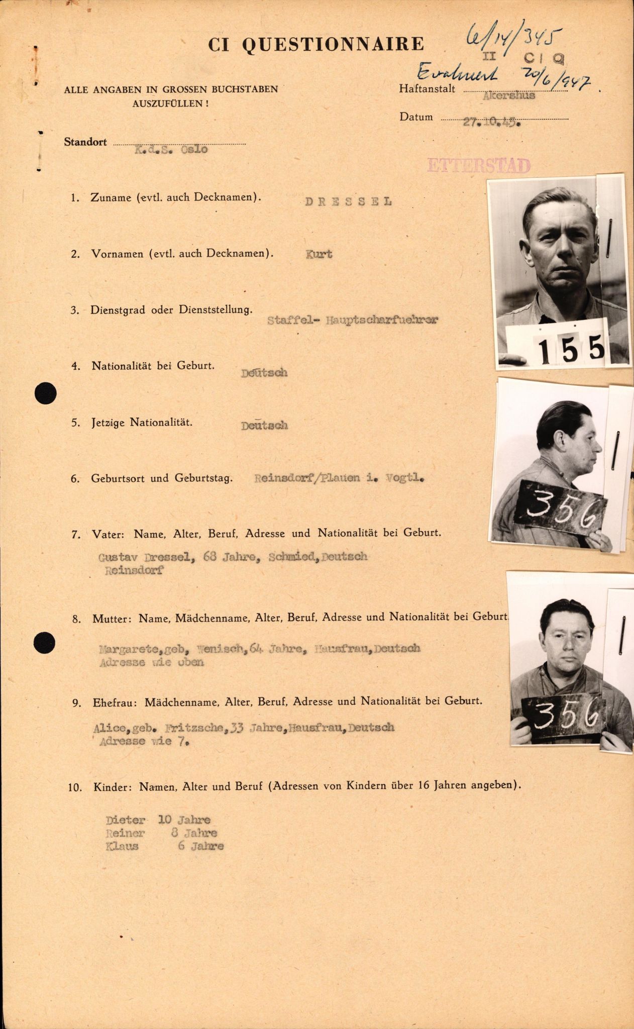 Forsvaret, Forsvarets overkommando II, RA/RAFA-3915/D/Db/L0006: CI Questionaires. Tyske okkupasjonsstyrker i Norge. Tyskere., 1945-1946, s. 222