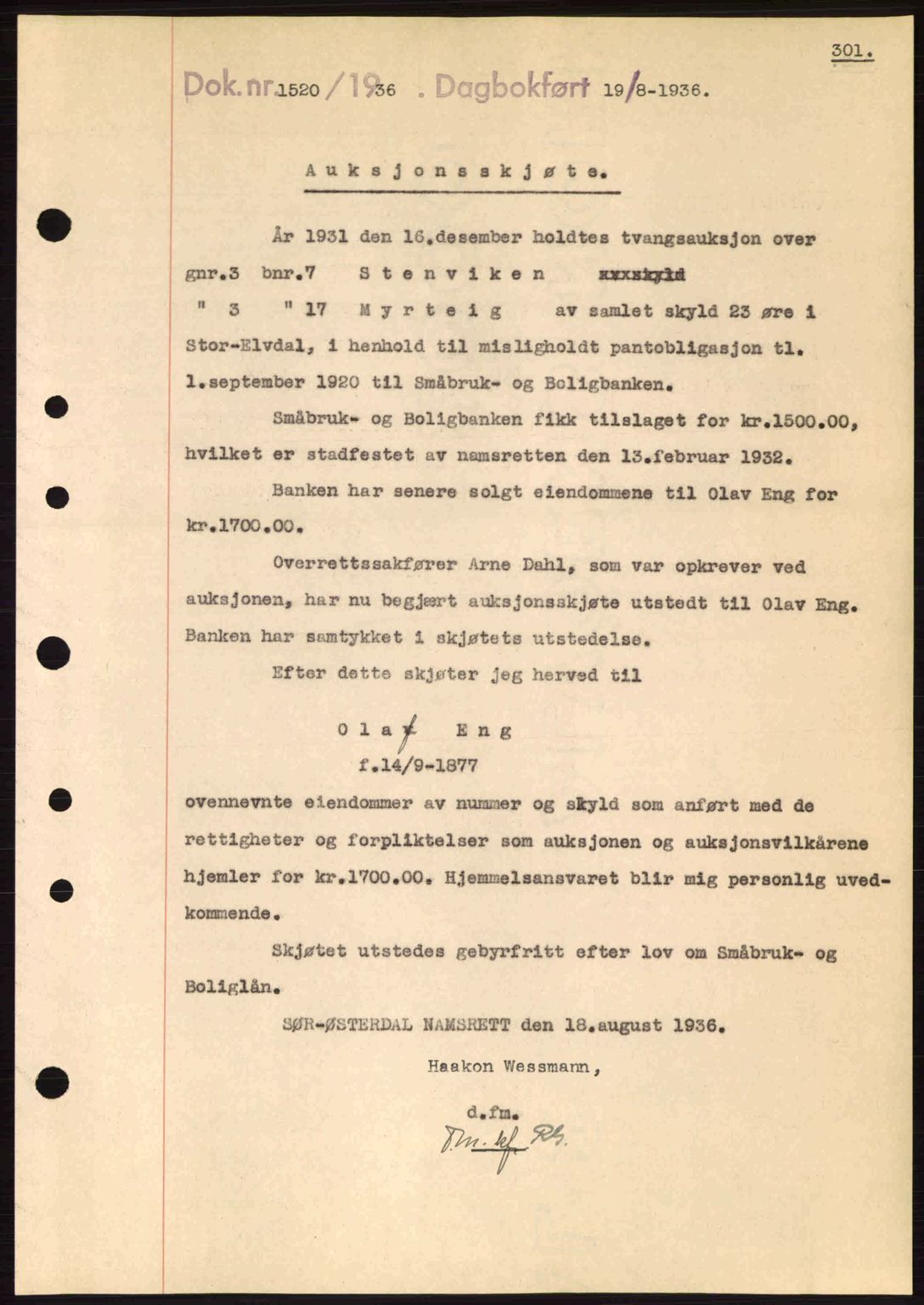 Sør-Østerdal sorenskriveri, SAH/TING-018/H/Hb/Hbb/L0054: Pantebok nr. A54, 1936-1936, Dagboknr: 1520/1936