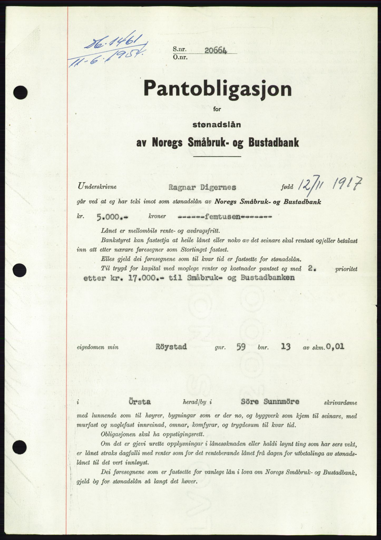 Søre Sunnmøre sorenskriveri, SAT/A-4122/1/2/2C/L0125: Pantebok nr. 13B, 1954-1954, Dagboknr: 1461/1954